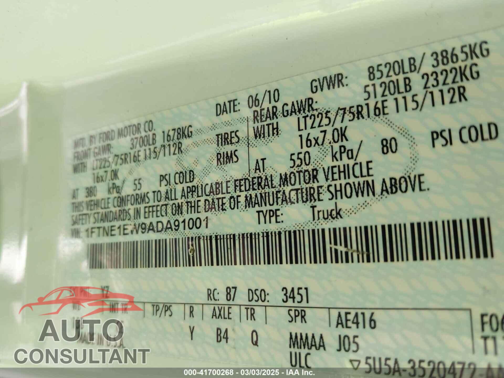 FORD E-150 2010 - 1FTNE1EW9ADA91001