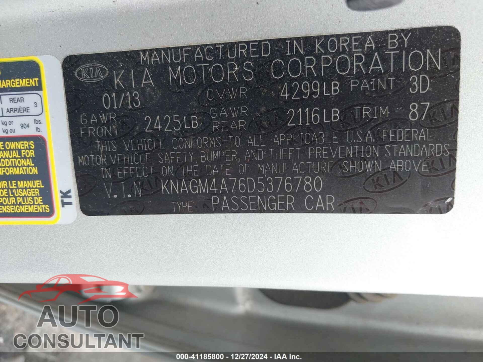 KIA OPTIMA 2013 - KNAGM4A76D5376780