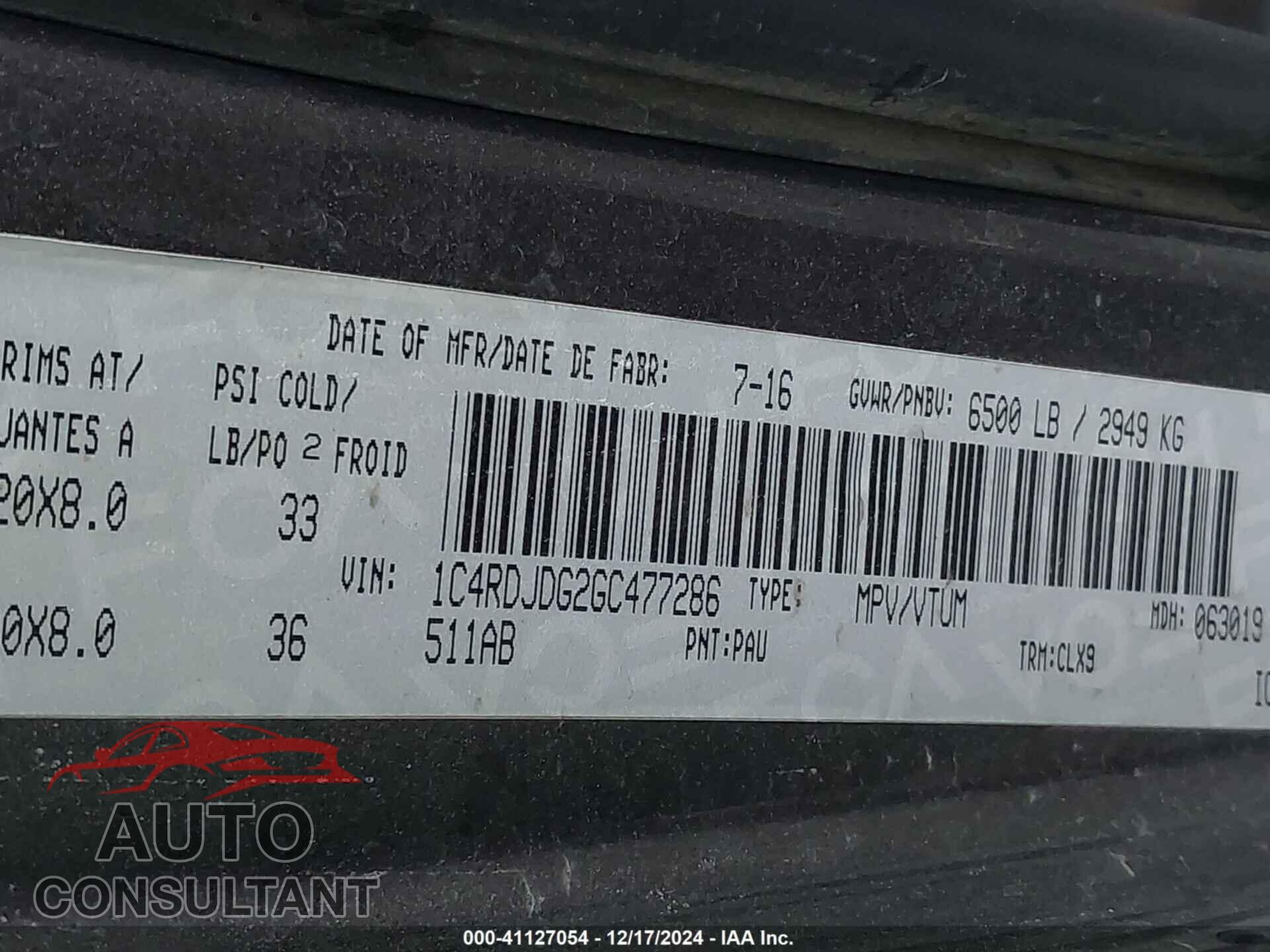 DODGE DURANGO 2016 - 1C4RDJDG2GC477286