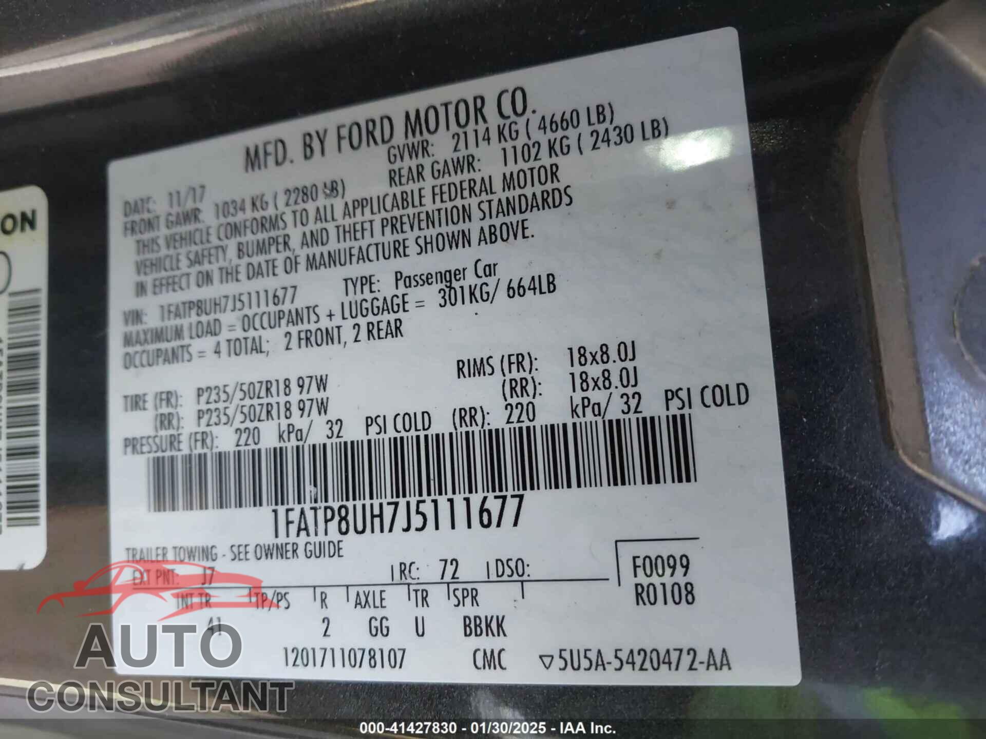 FORD MUSTANG 2018 - 1FATP8UH7J5111677