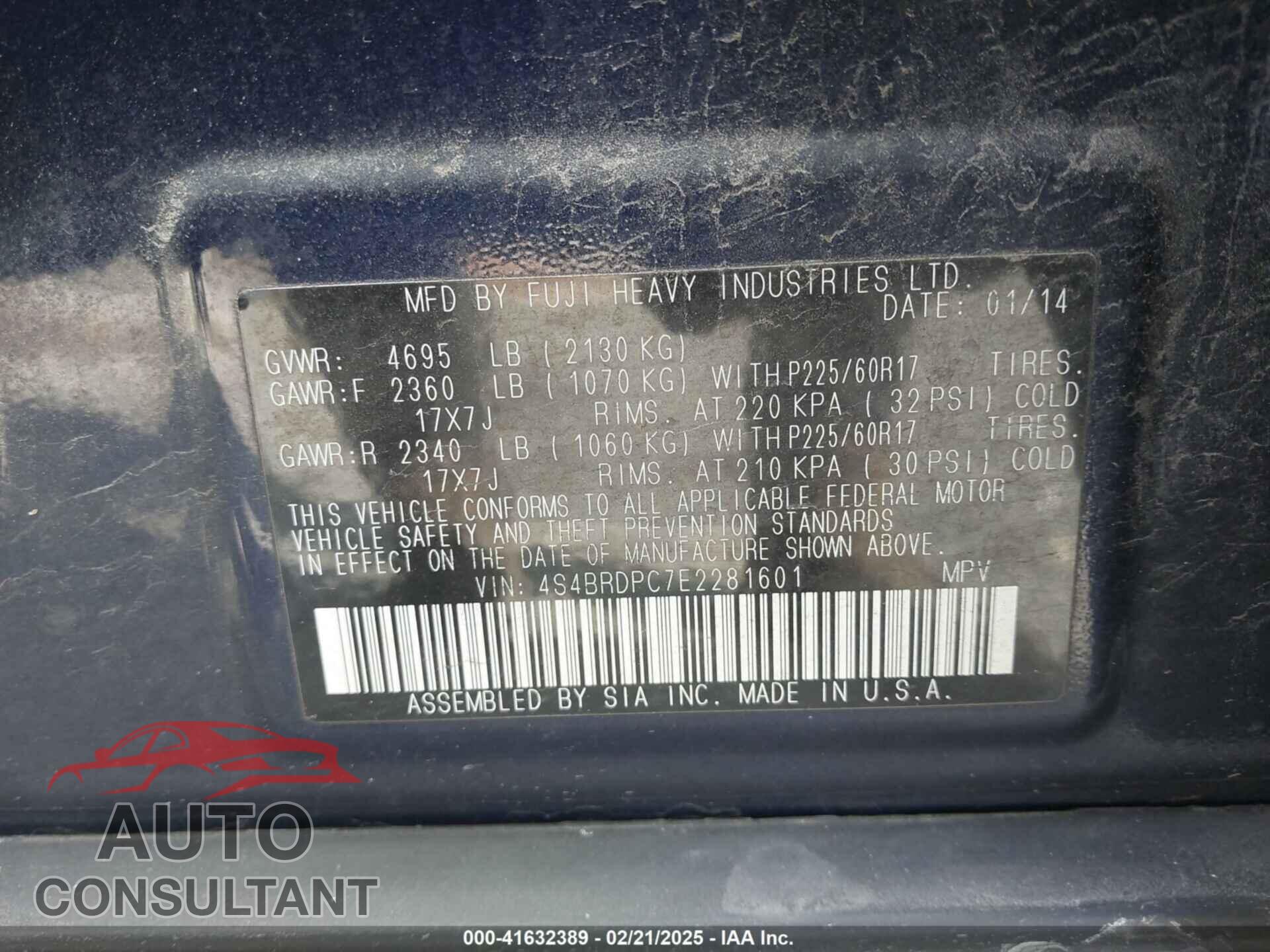 SUBARU OUTBACK 2014 - 4S4BRDPC7E2281601