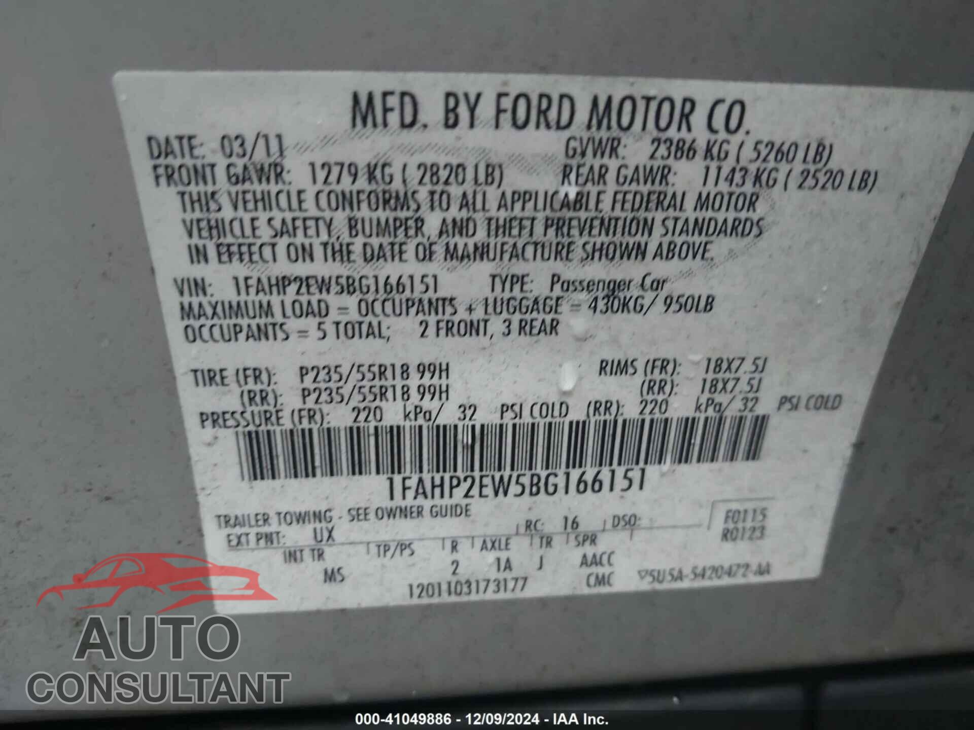 FORD TAURUS 2011 - 1FAHP2EW5BG166151