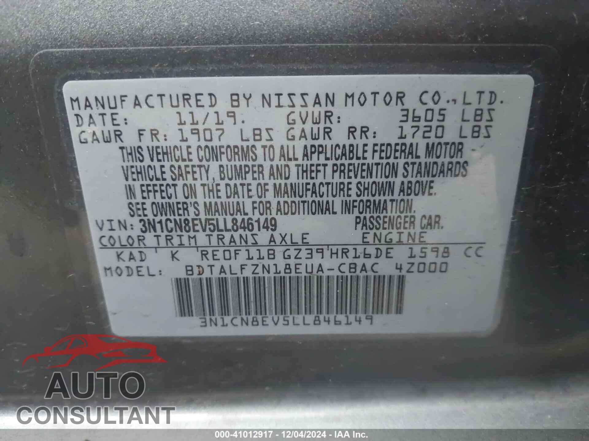 NISSAN VERSA 2020 - 3N1CN8EV5LL846149