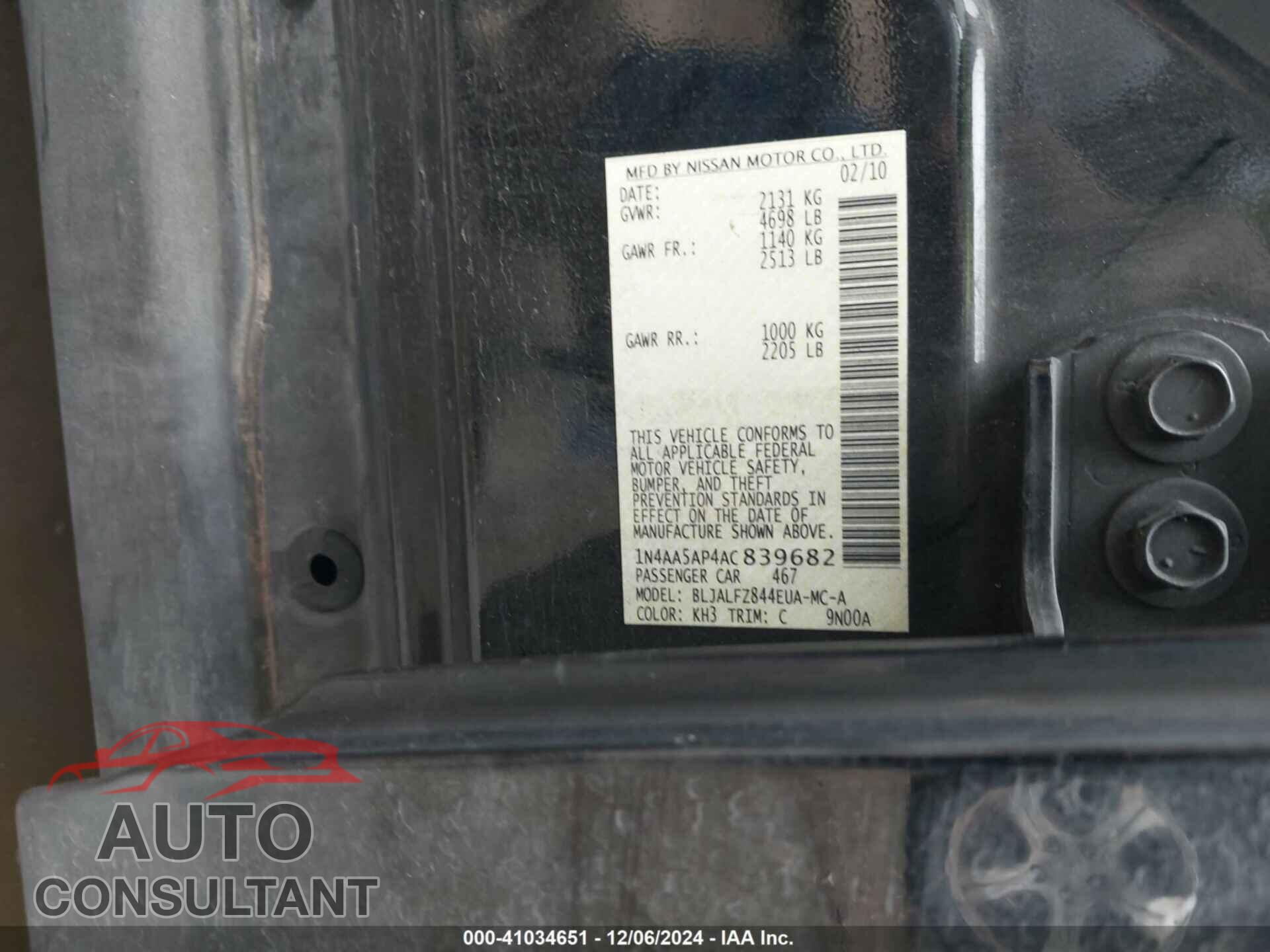 NISSAN MAXIMA 2010 - 1N4AA5AP4AC839682