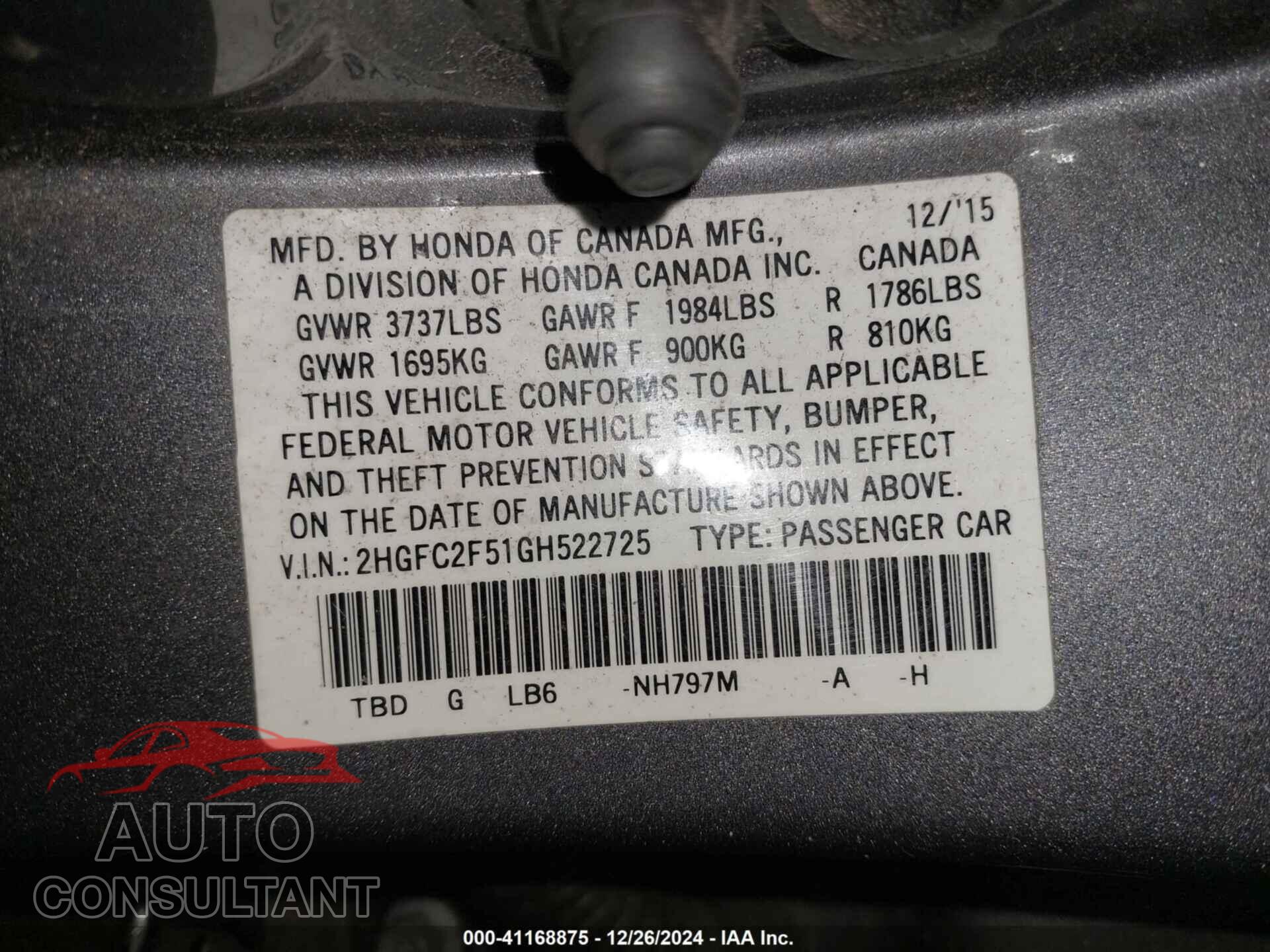 HONDA CIVIC 2016 - 2HGFC2F51GH522725