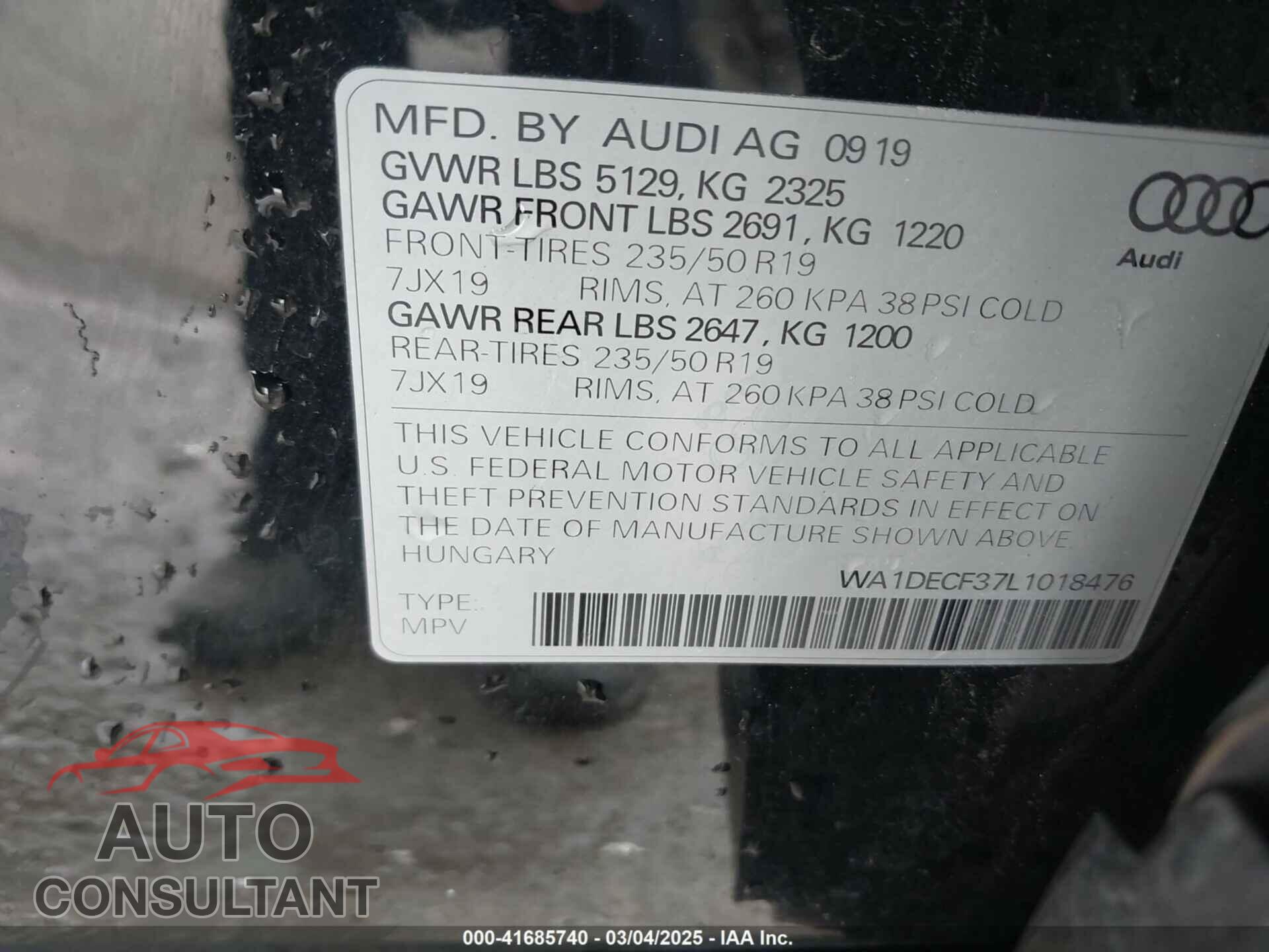 AUDI Q3 2020 - WA1DECF37L1018476