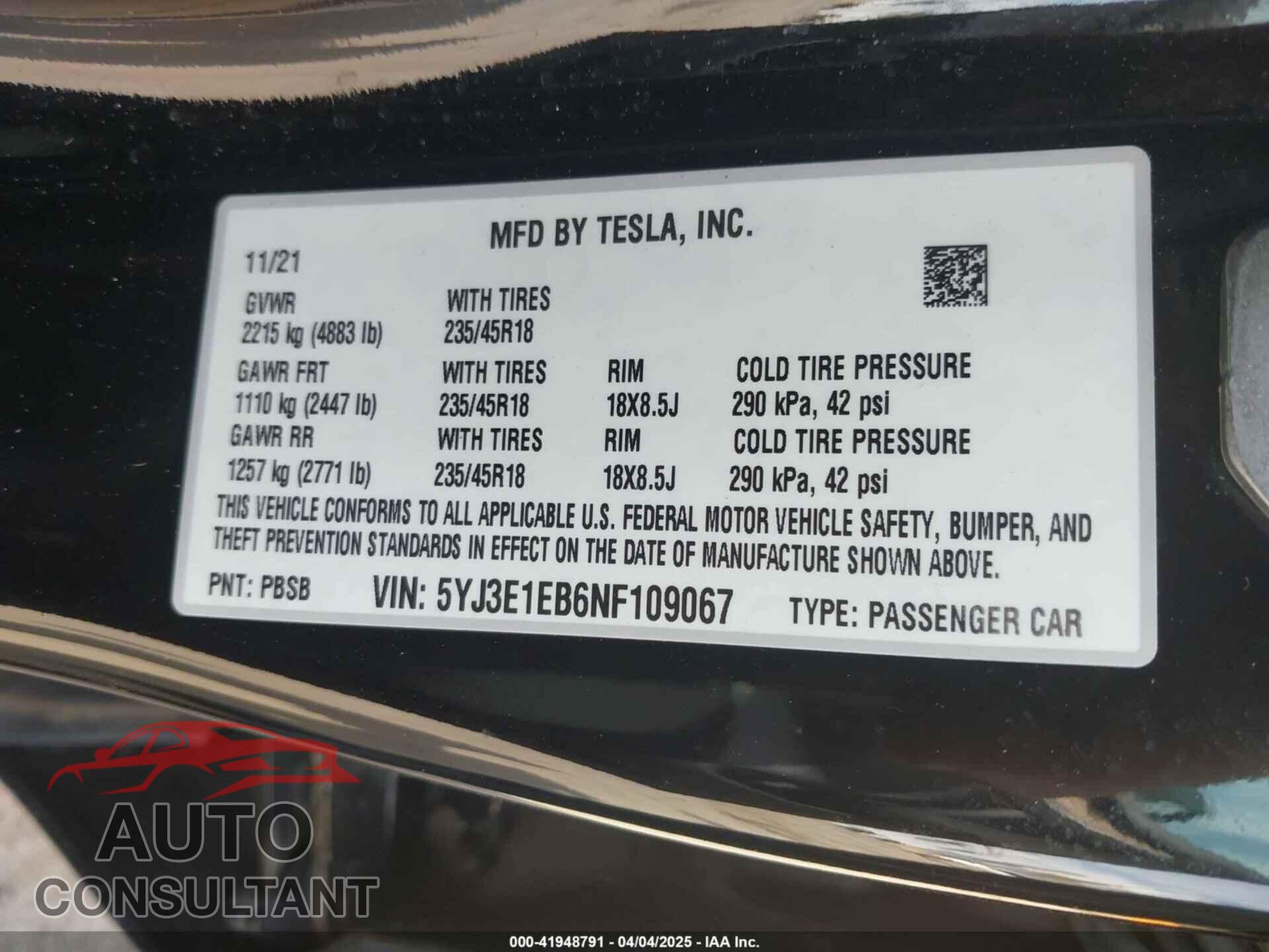 TESLA MODEL 3 2022 - 5YJ3E1EB6NF109067