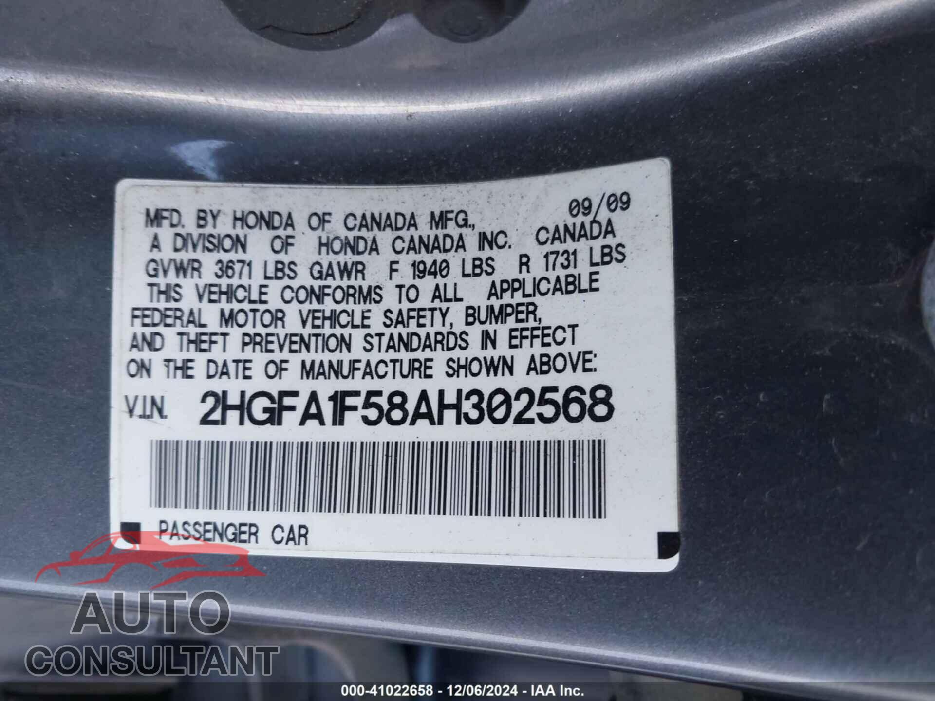 HONDA CIVIC 2010 - 2HGFA1F58AH302568