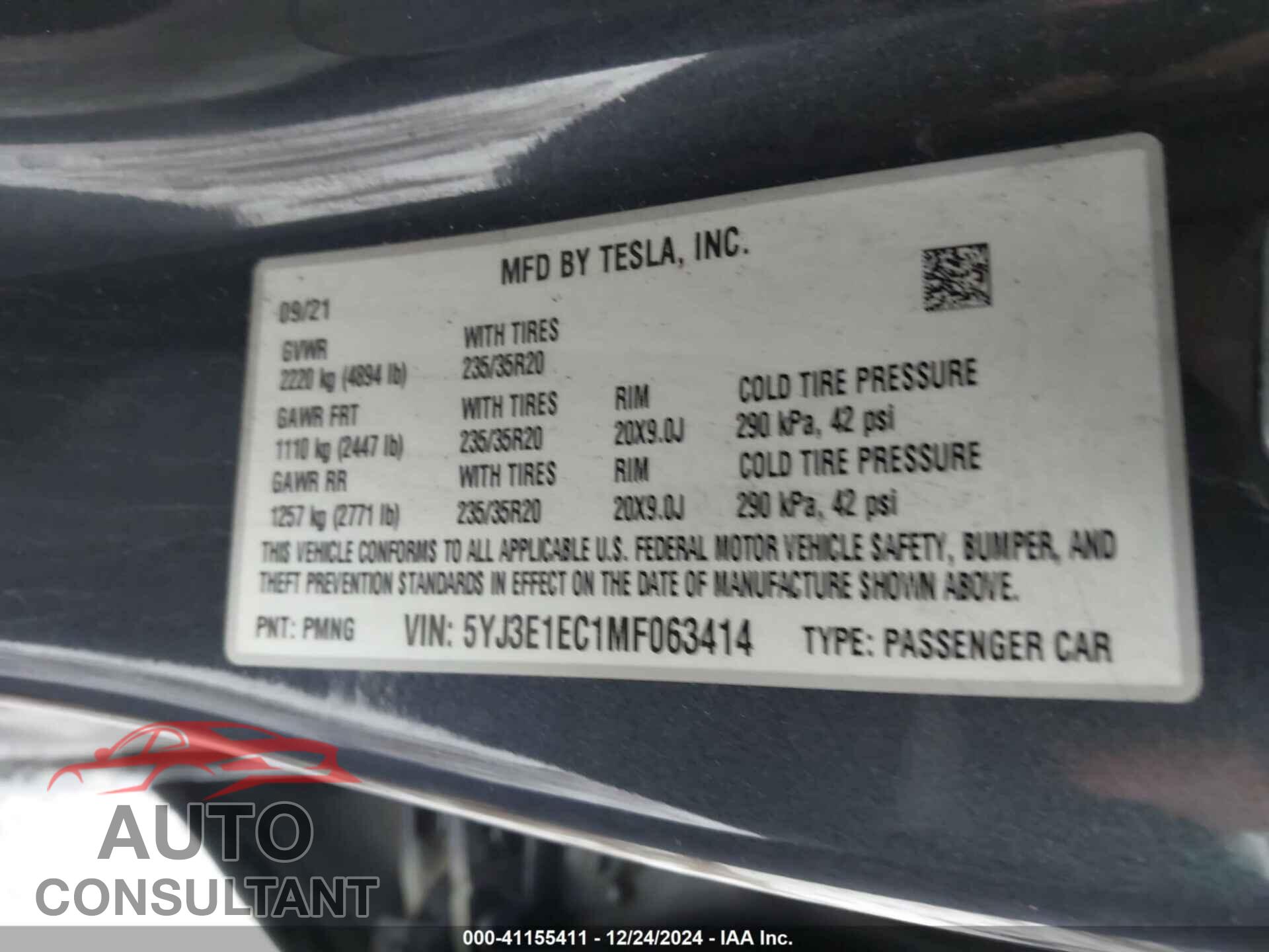 TESLA MODEL 3 2021 - 5YJ3E1EC1MF063414