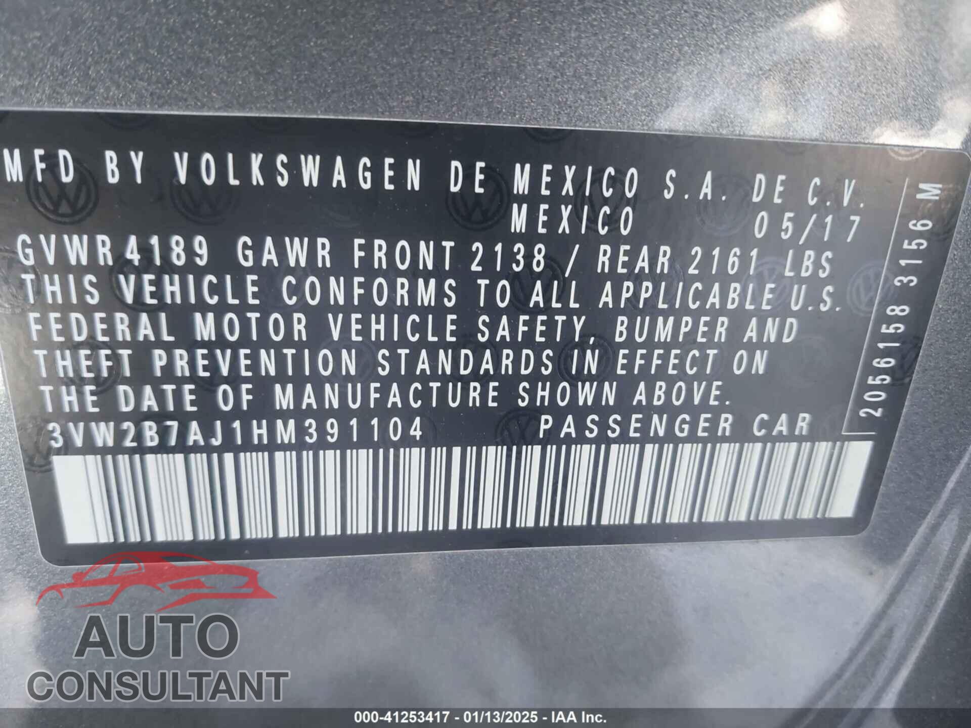 VOLKSWAGEN JETTA 2017 - 3VW2B7AJ1HM391104