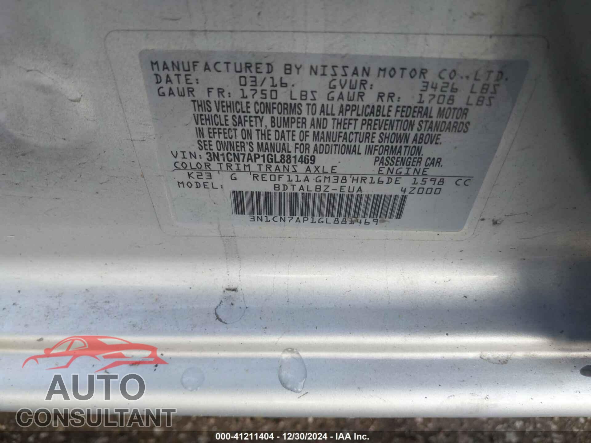 NISSAN VERSA 2016 - 3N1CN7AP1GL881469