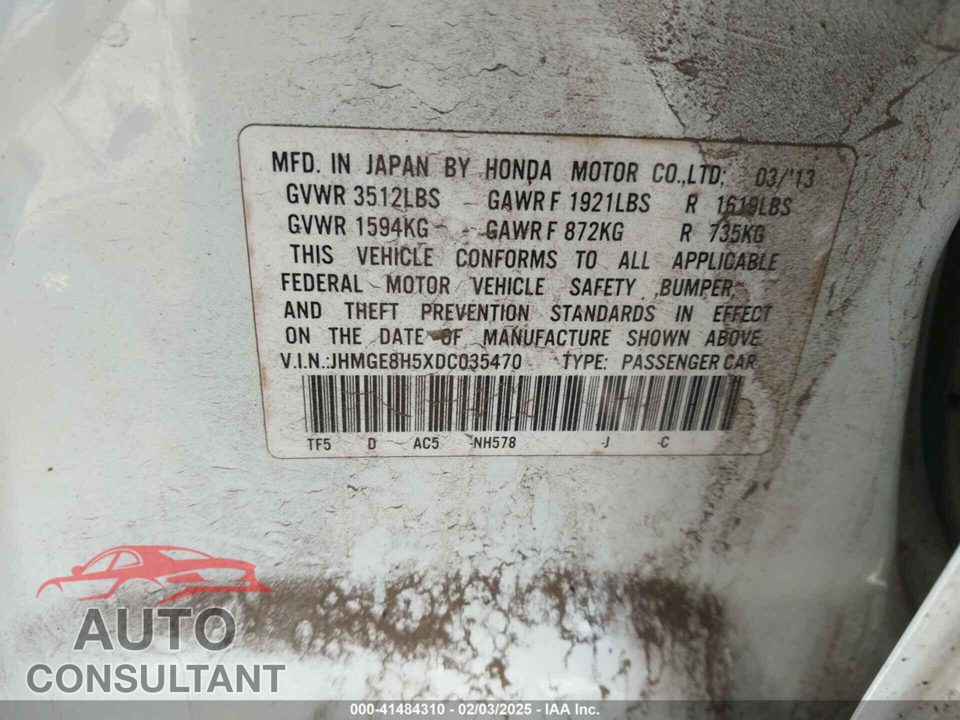 HONDA FIT 2013 - JHMGE8H5XDC035470