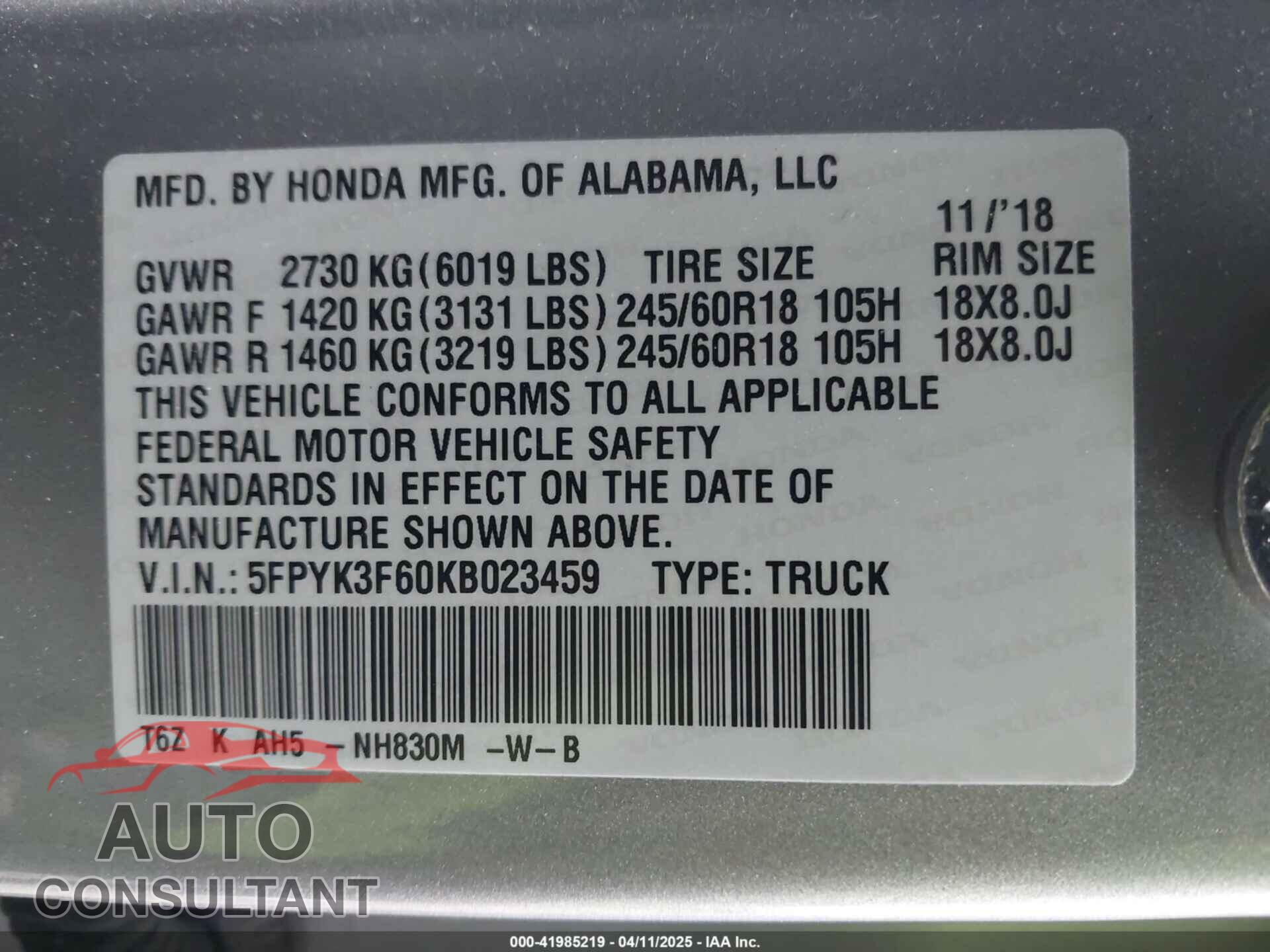 HONDA RIDGELINE 2019 - 5FPYK3F60KB023459