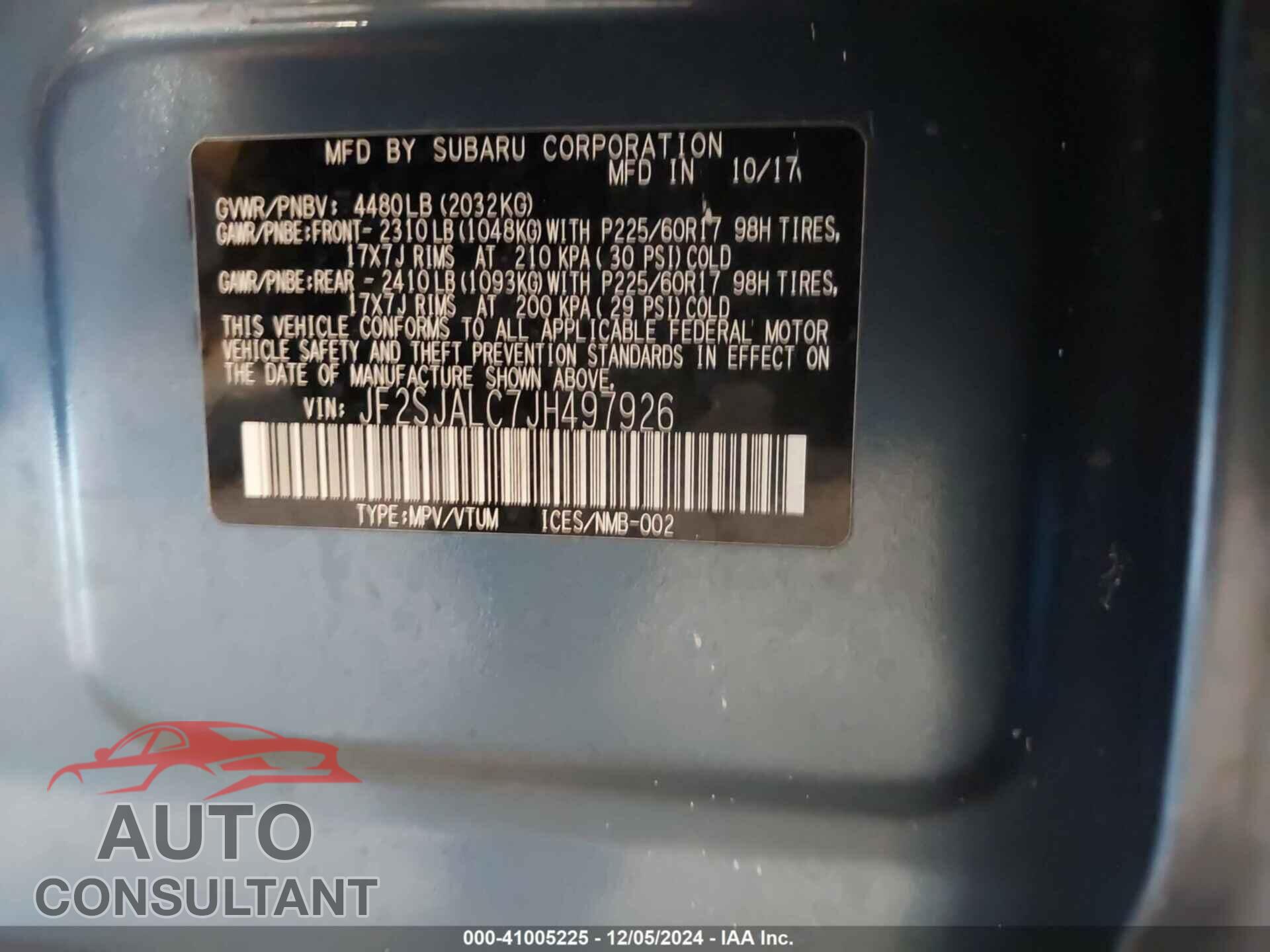 SUBARU FORESTER 2018 - JF2SJALC7JH497926