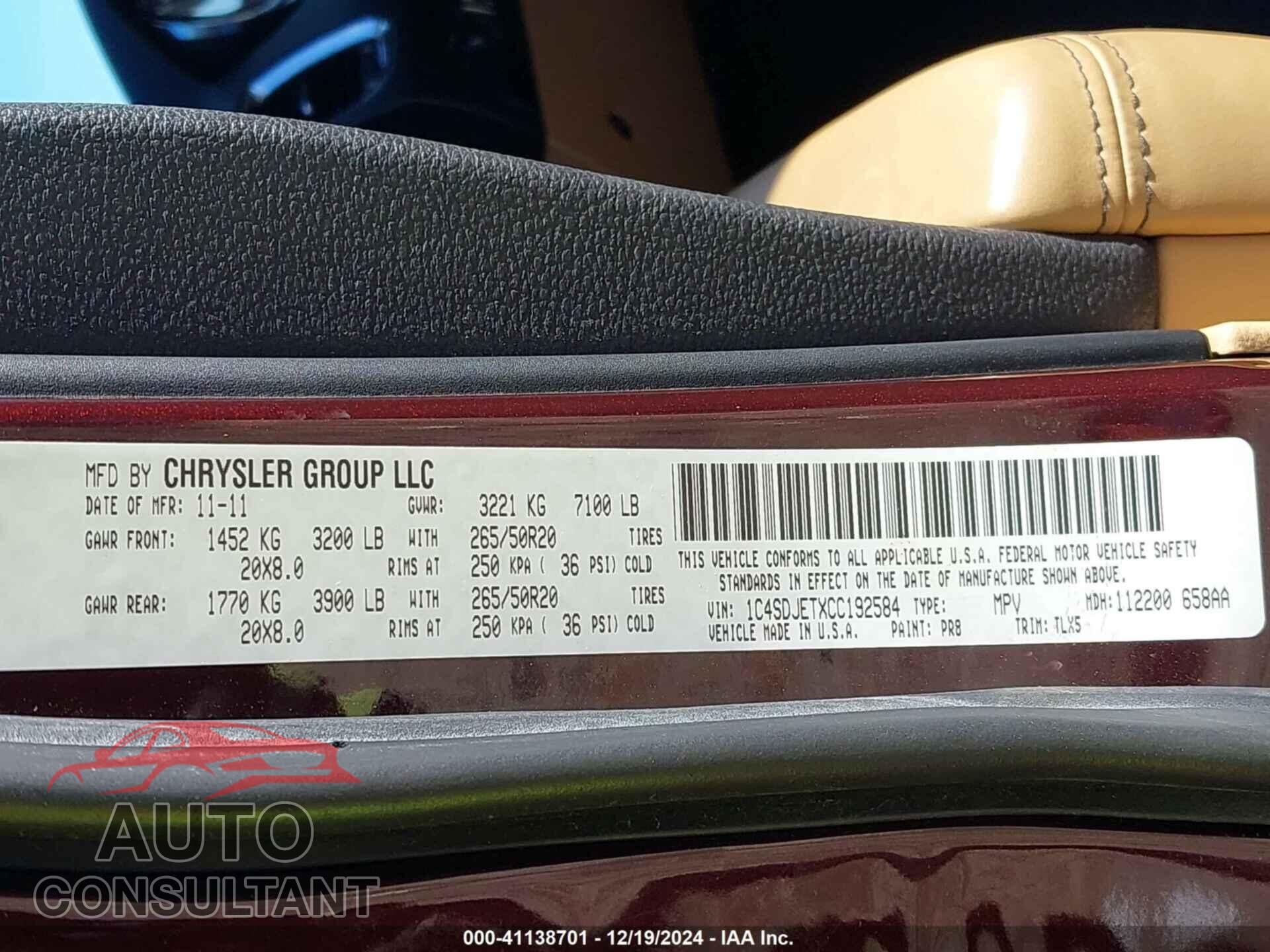 DODGE DURANGO 2012 - 1C4SDJETXCC192584
