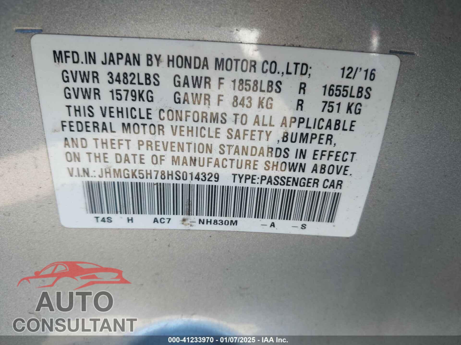 HONDA FIT 2017 - JHMGK5H78HS014329