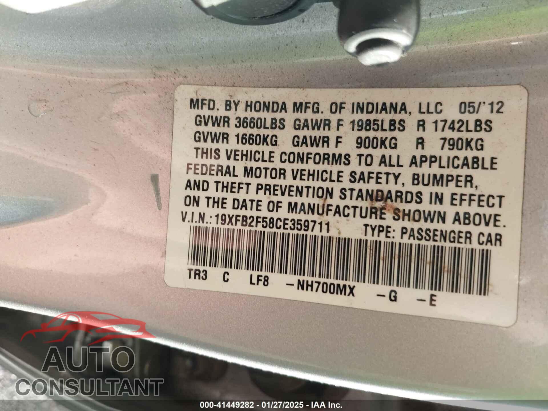HONDA CIVIC 2012 - 19XFB2F58CE359711
