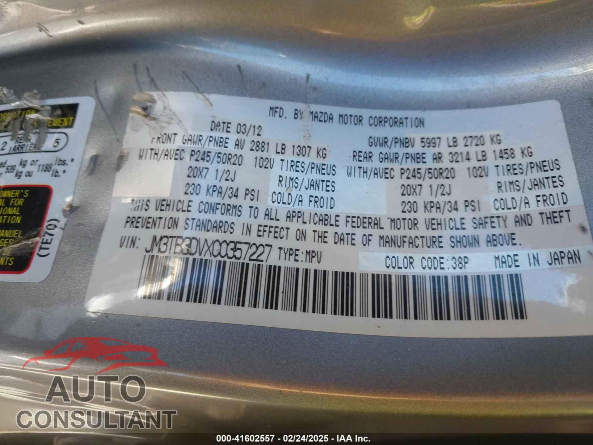 MAZDA CX-9 2012 - JM3TB3DVXC0357227