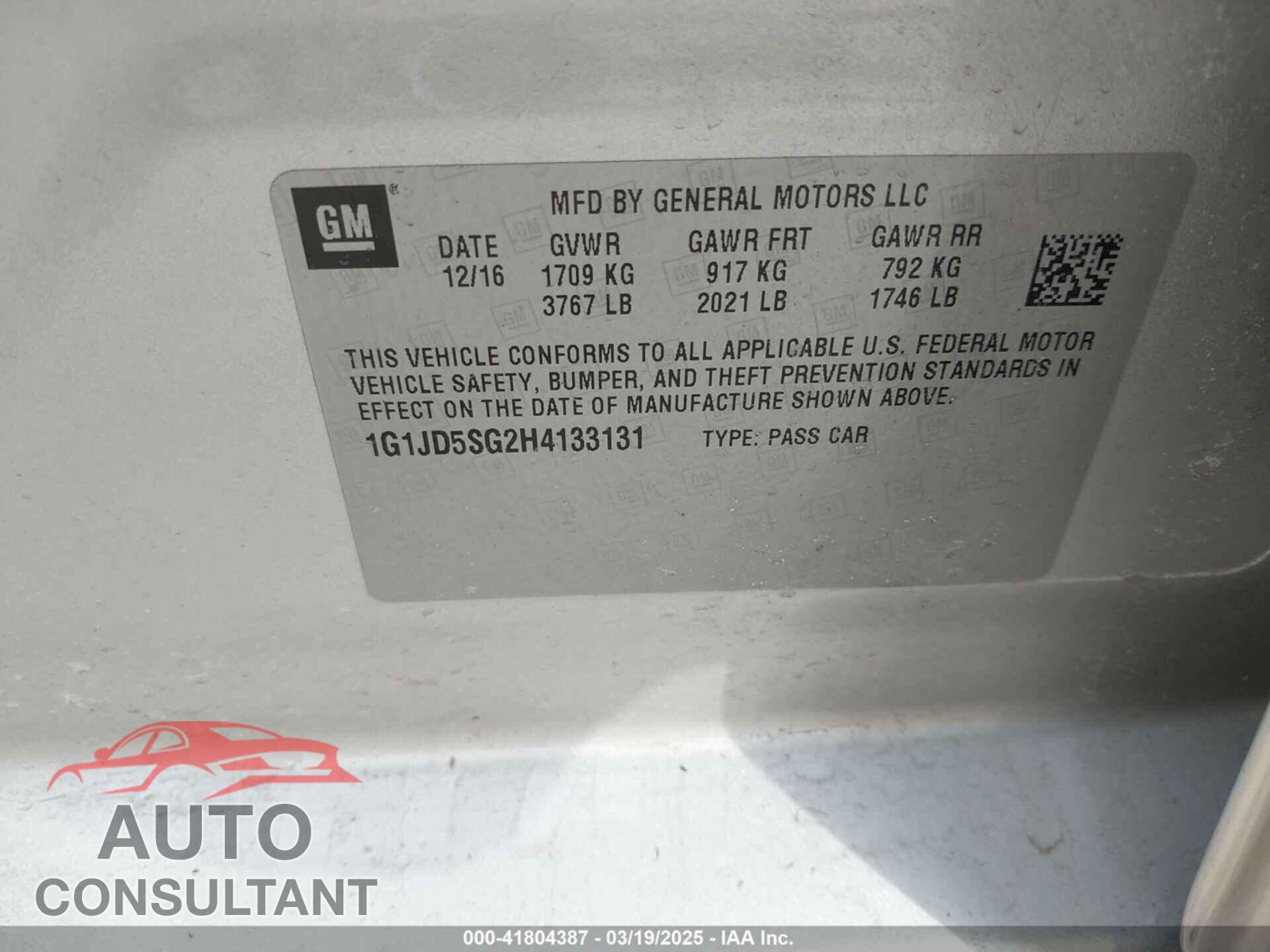 CHEVROLET SONIC 2017 - 1G1JD5SG2H4133131