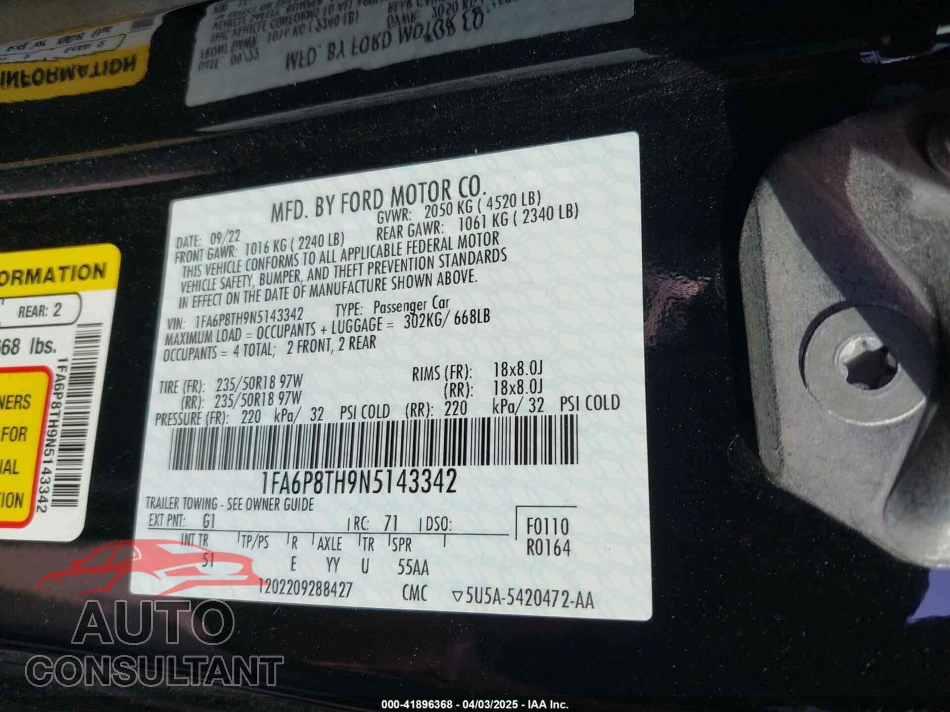 FORD MUSTANG 2022 - 1FA6P8TH9N5143342