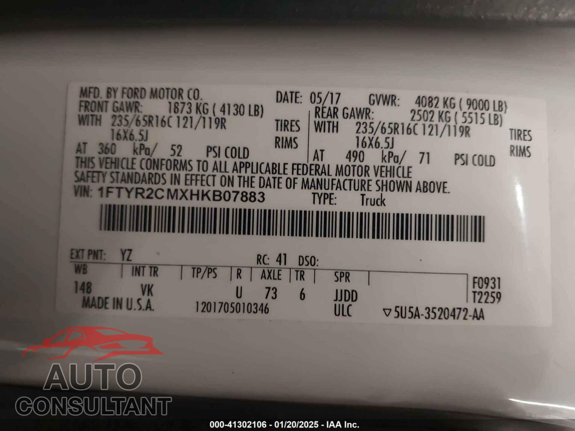 FORD TRANSIT-250 2017 - 1FTYR2CMXHKB07883