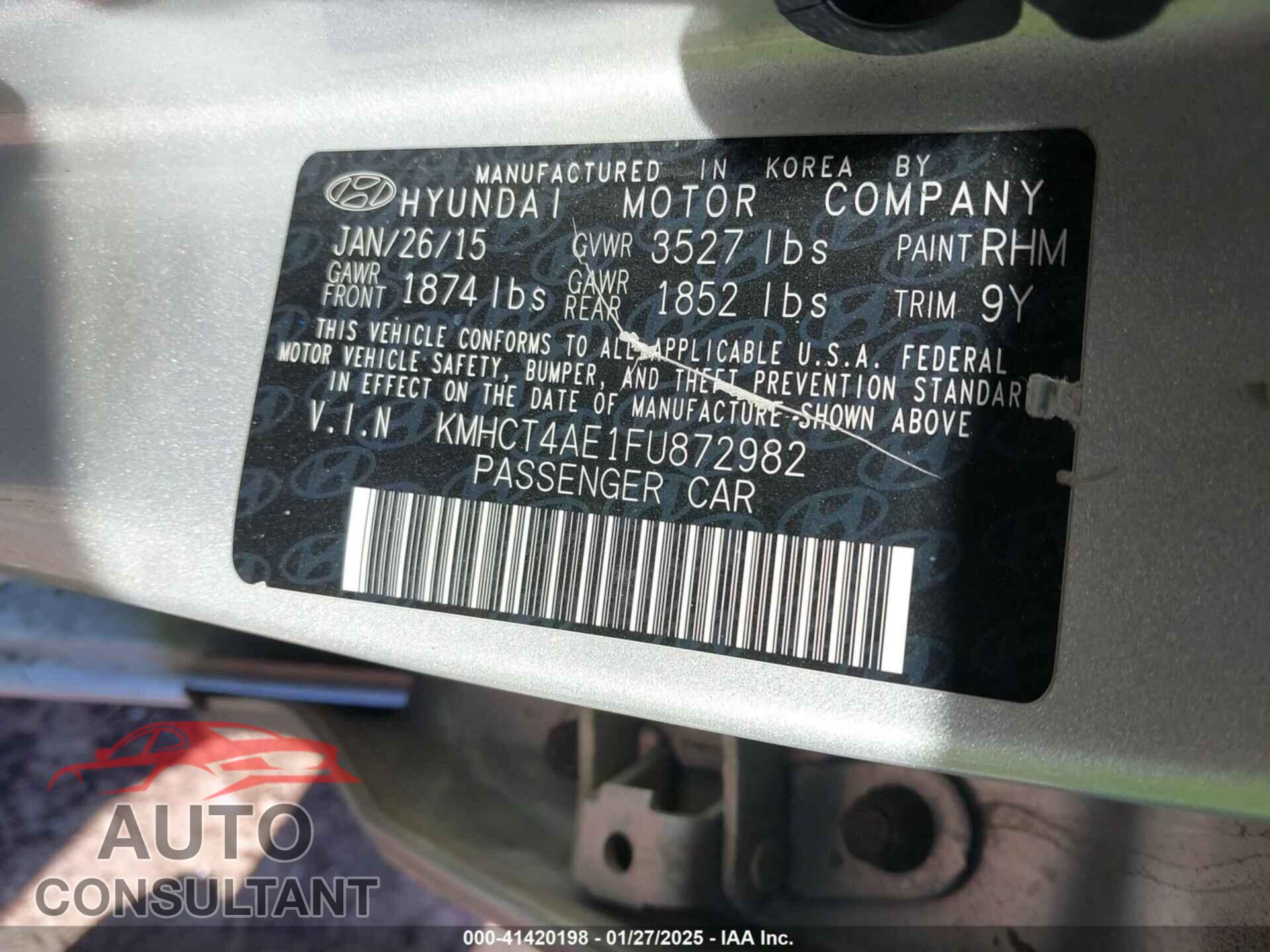 HYUNDAI ACCENT 2015 - KMHCT4AE1FU872982