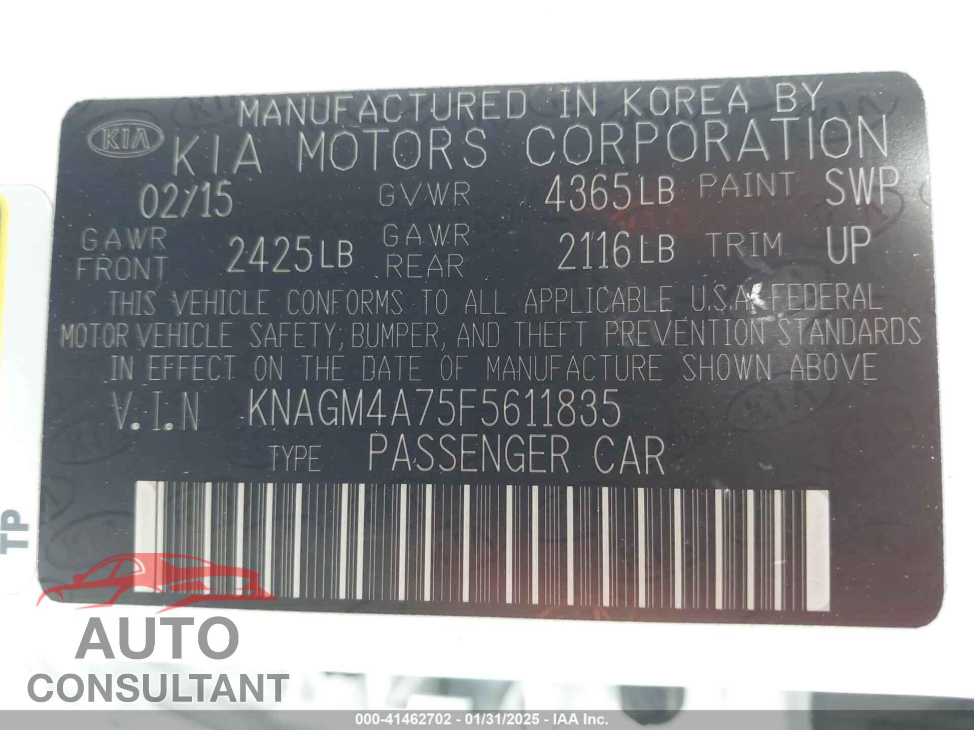 KIA OPTIMA 2015 - KNAGM4A75F5611835