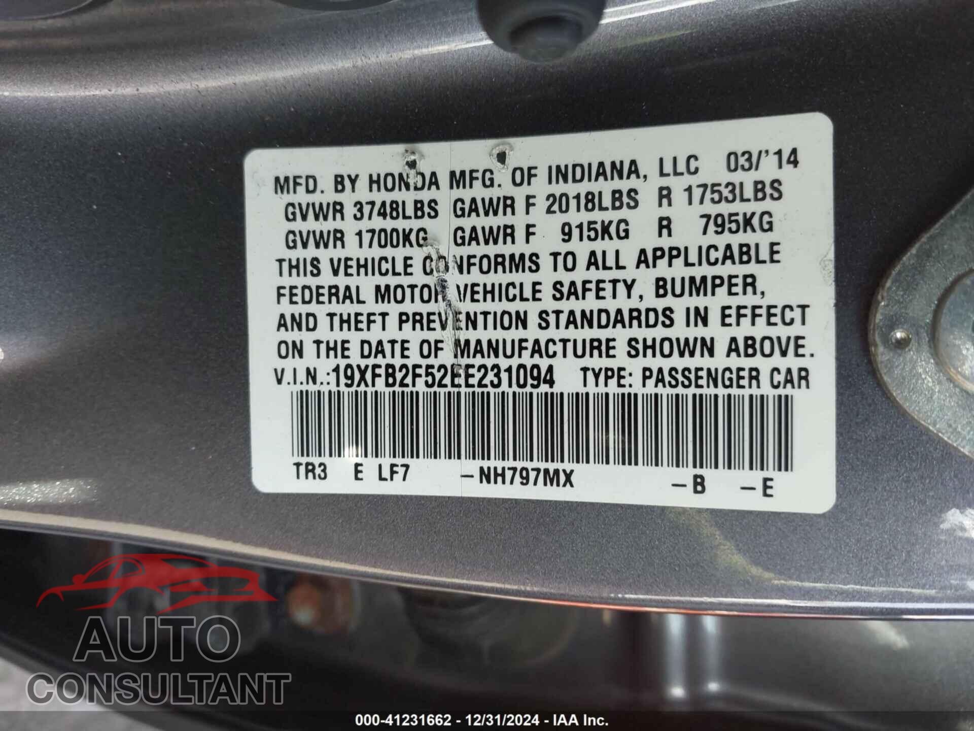 HONDA CIVIC 2014 - 19XFB2F52EE231094