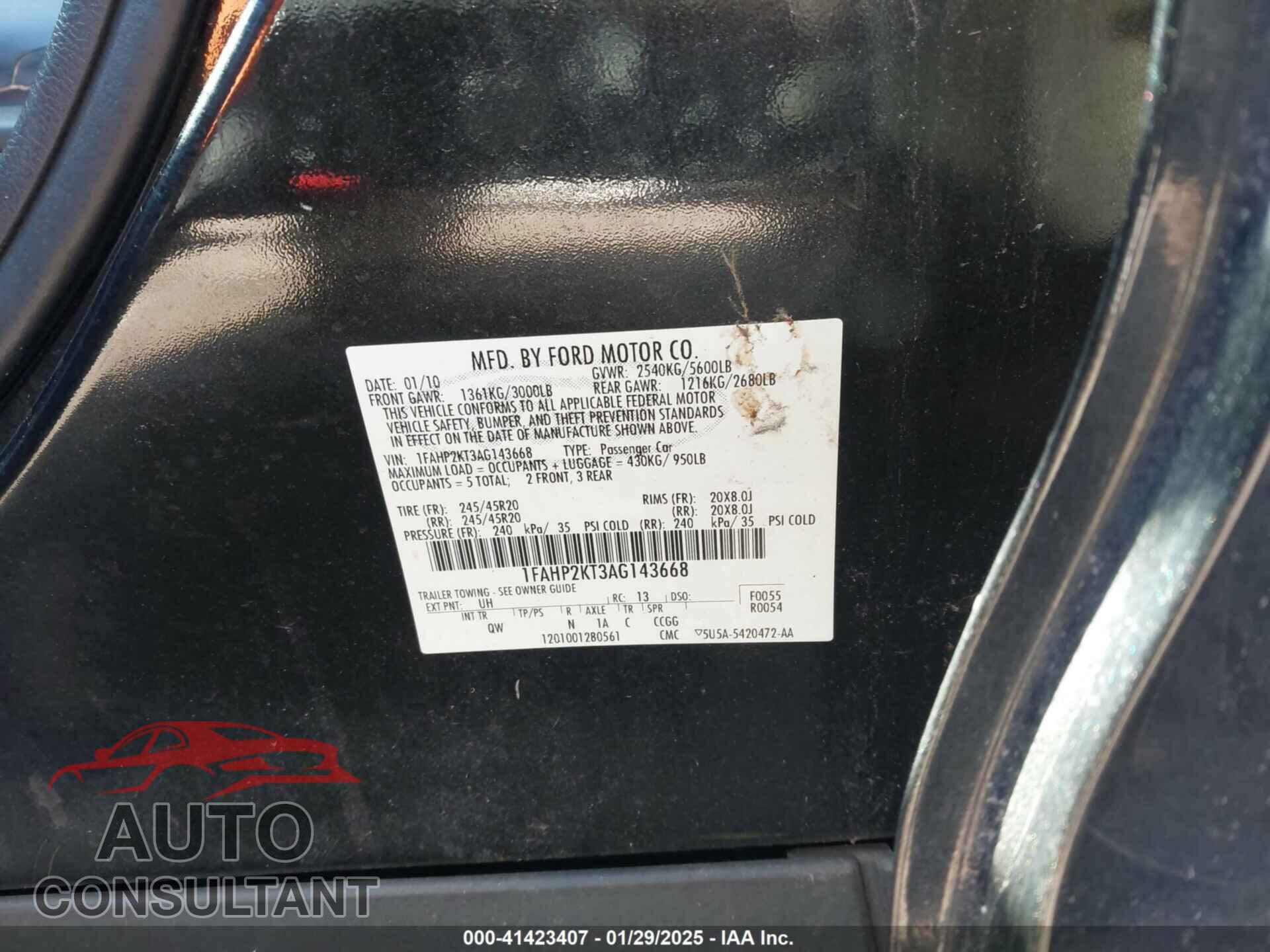 FORD TAURUS 2010 - 1FAHP2KT3AG143668