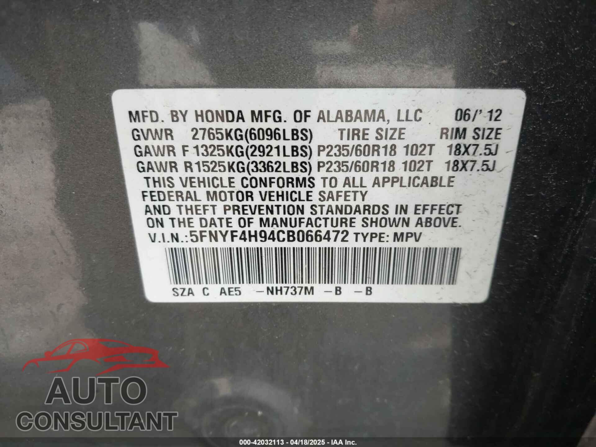 HONDA PILOT 2012 - 5FNYF4H94CB066472