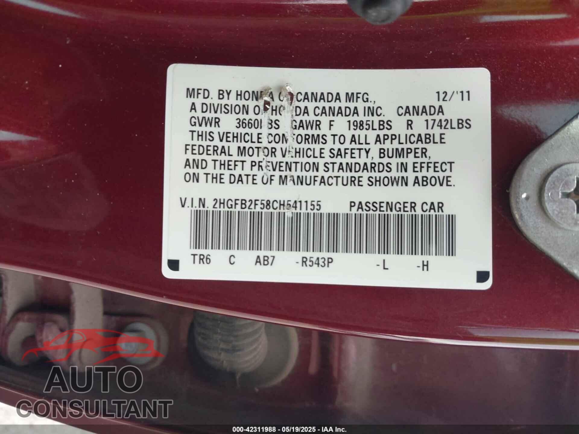 HONDA CIVIC 2012 - 2HGFB2F58CH541155