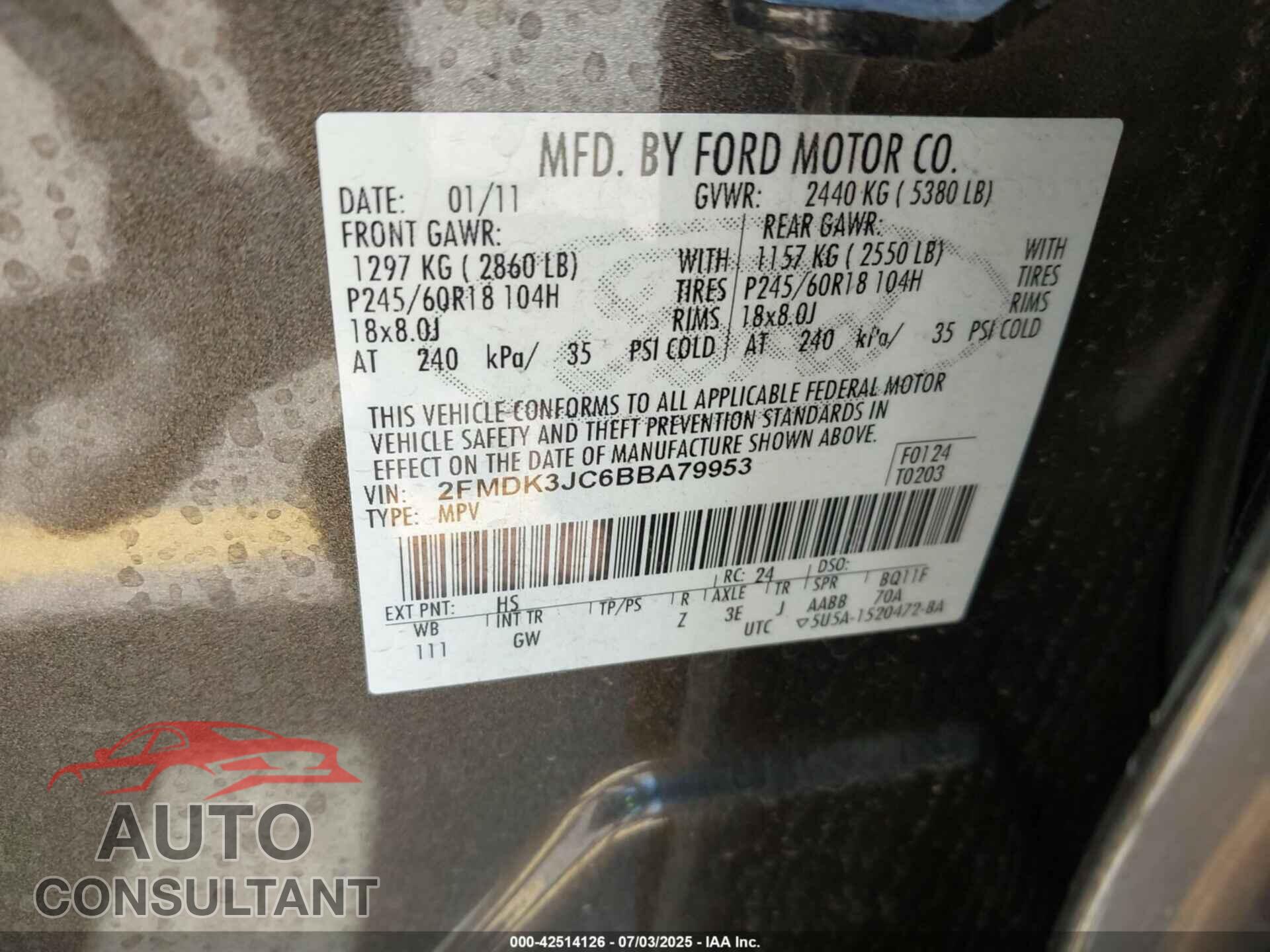 FORD EDGE 2011 - 2FMDK3JC6BBA79953