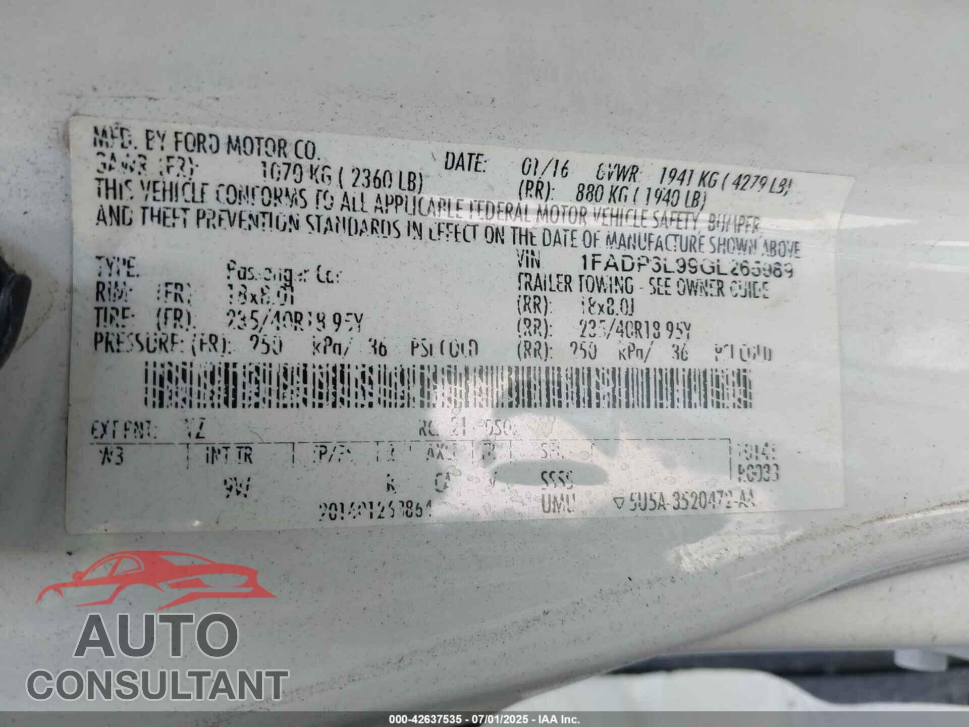 FORD FOCUS ST 2016 - 1FADP3L99GL265989