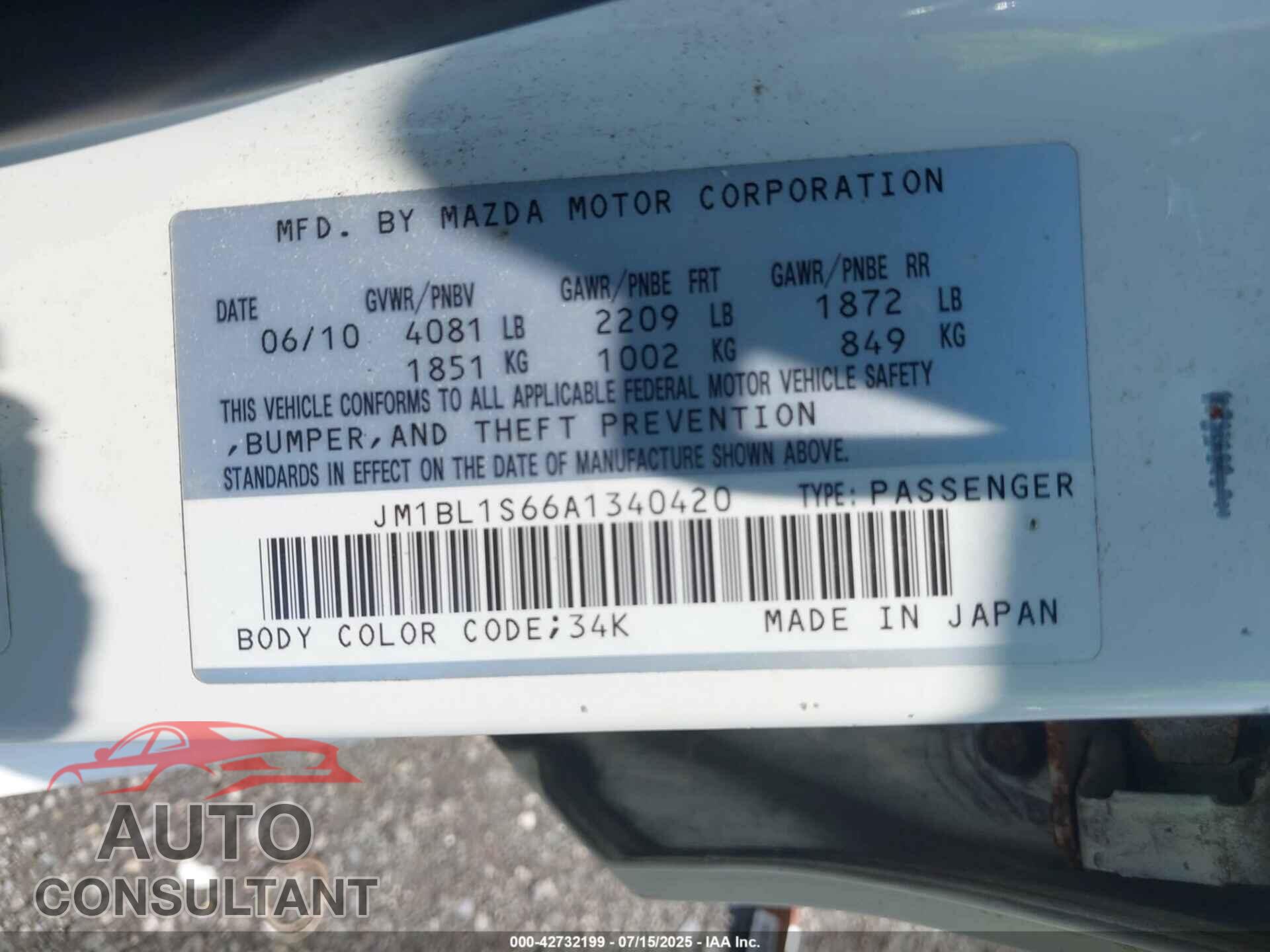 MAZDA MAZDA3 2010 - JM1BL1S66A1340420