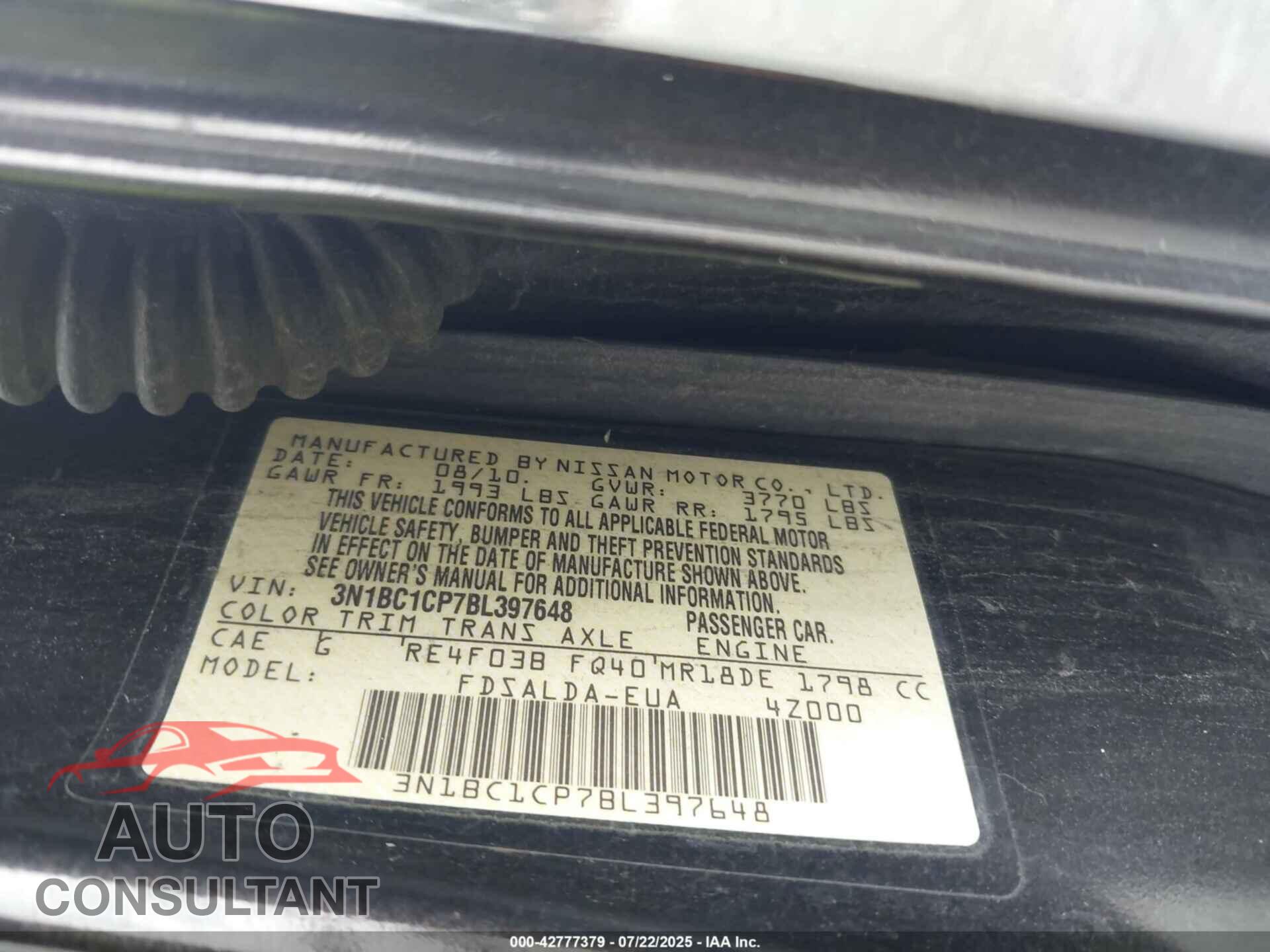 NISSAN VERSA 2011 - 3N1BC1CP7BL397648
