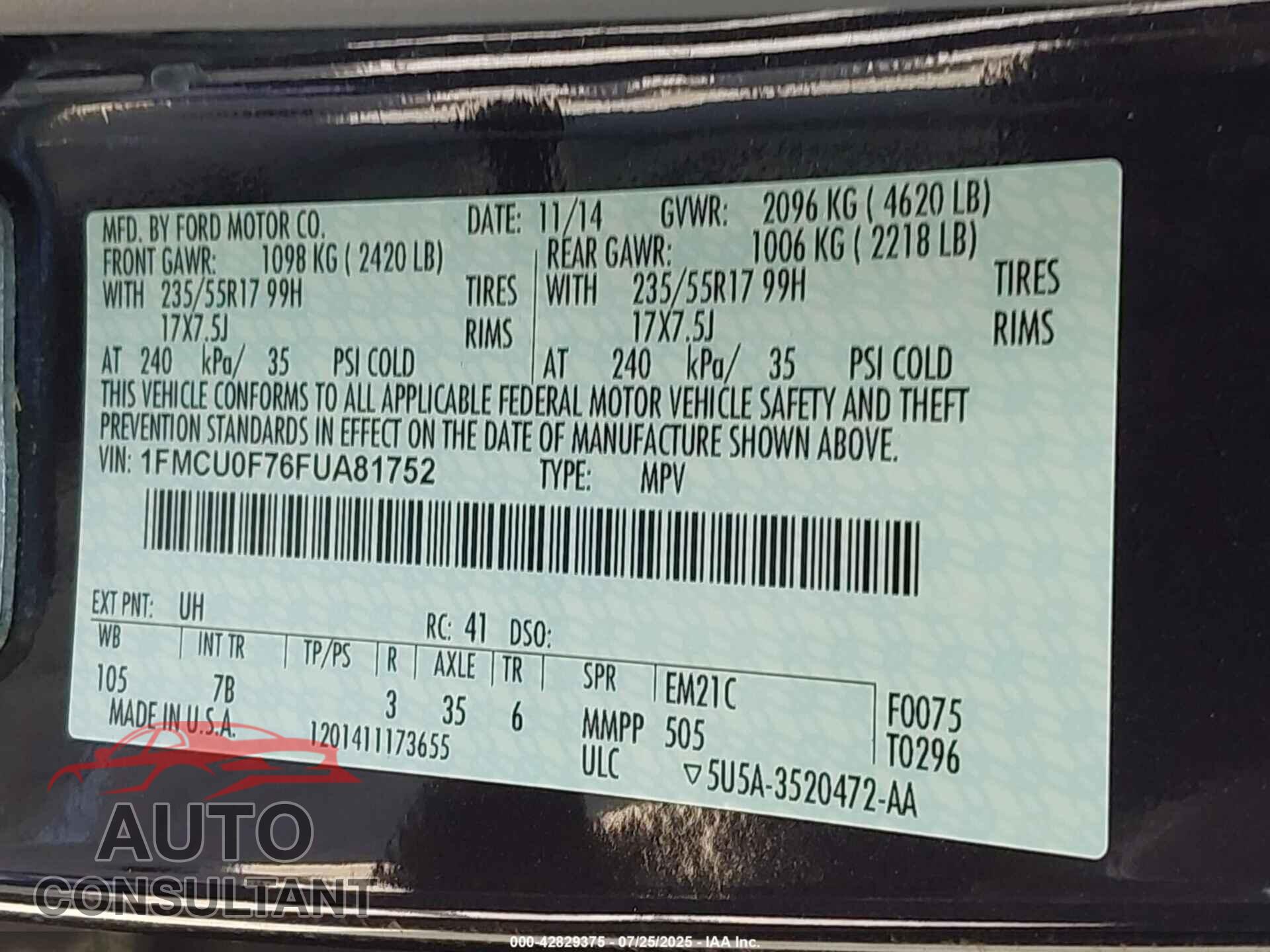FORD ESCAPE 2015 - 1FMCU0F76FUA81752