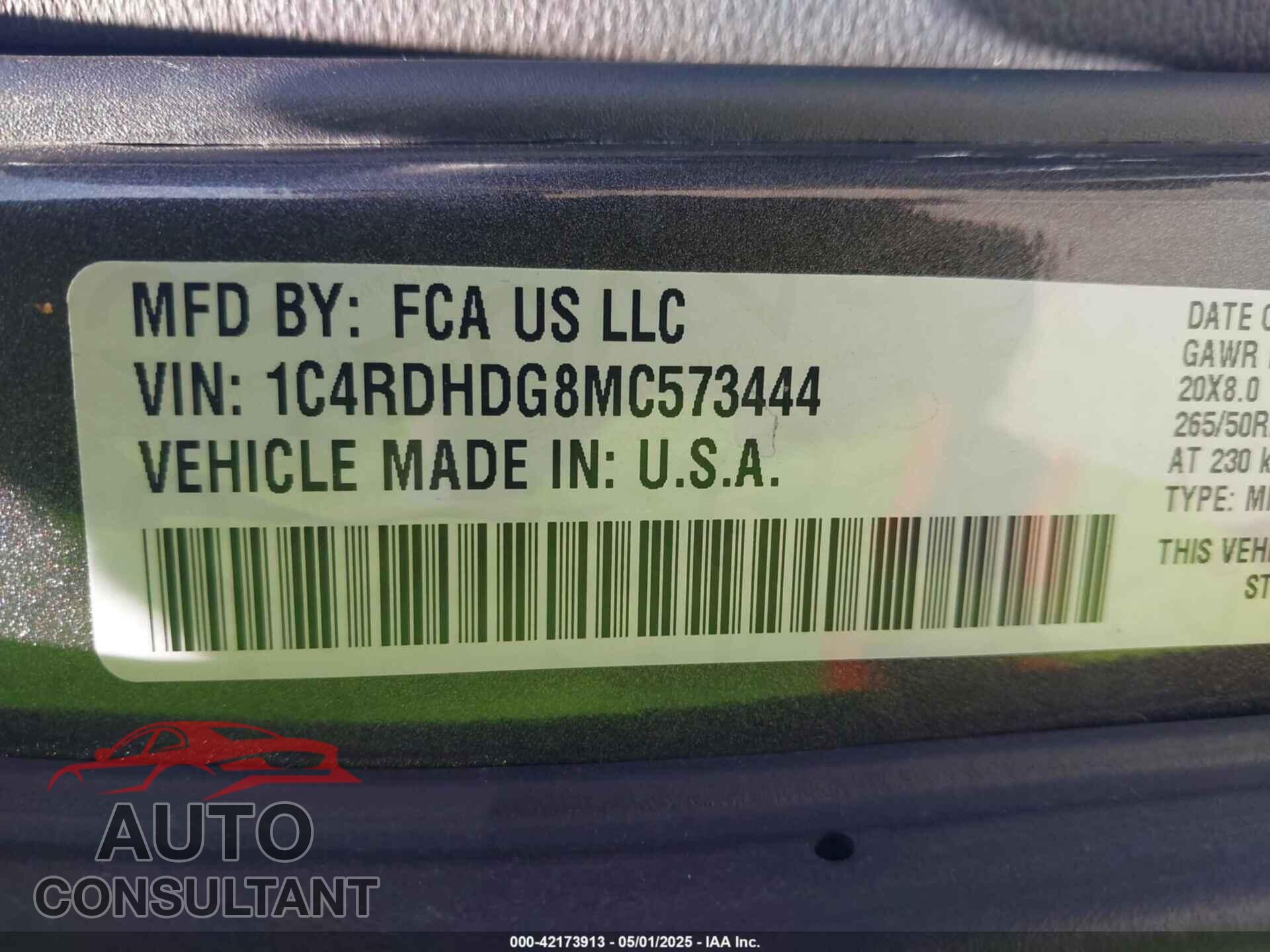 DODGE DURANGO 2021 - 1C4RDHDG8MC573444