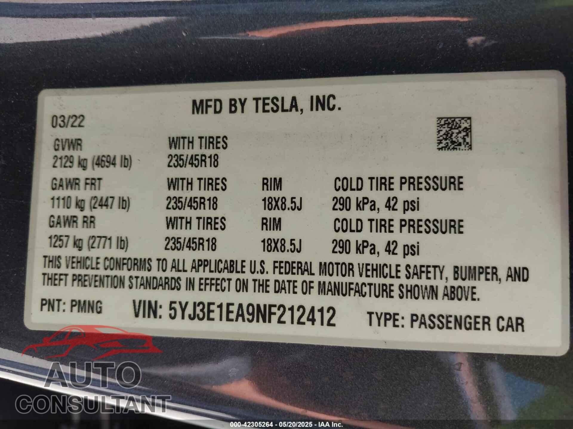 TESLA MODEL 3 2022 - 5YJ3E1EA9NF212412