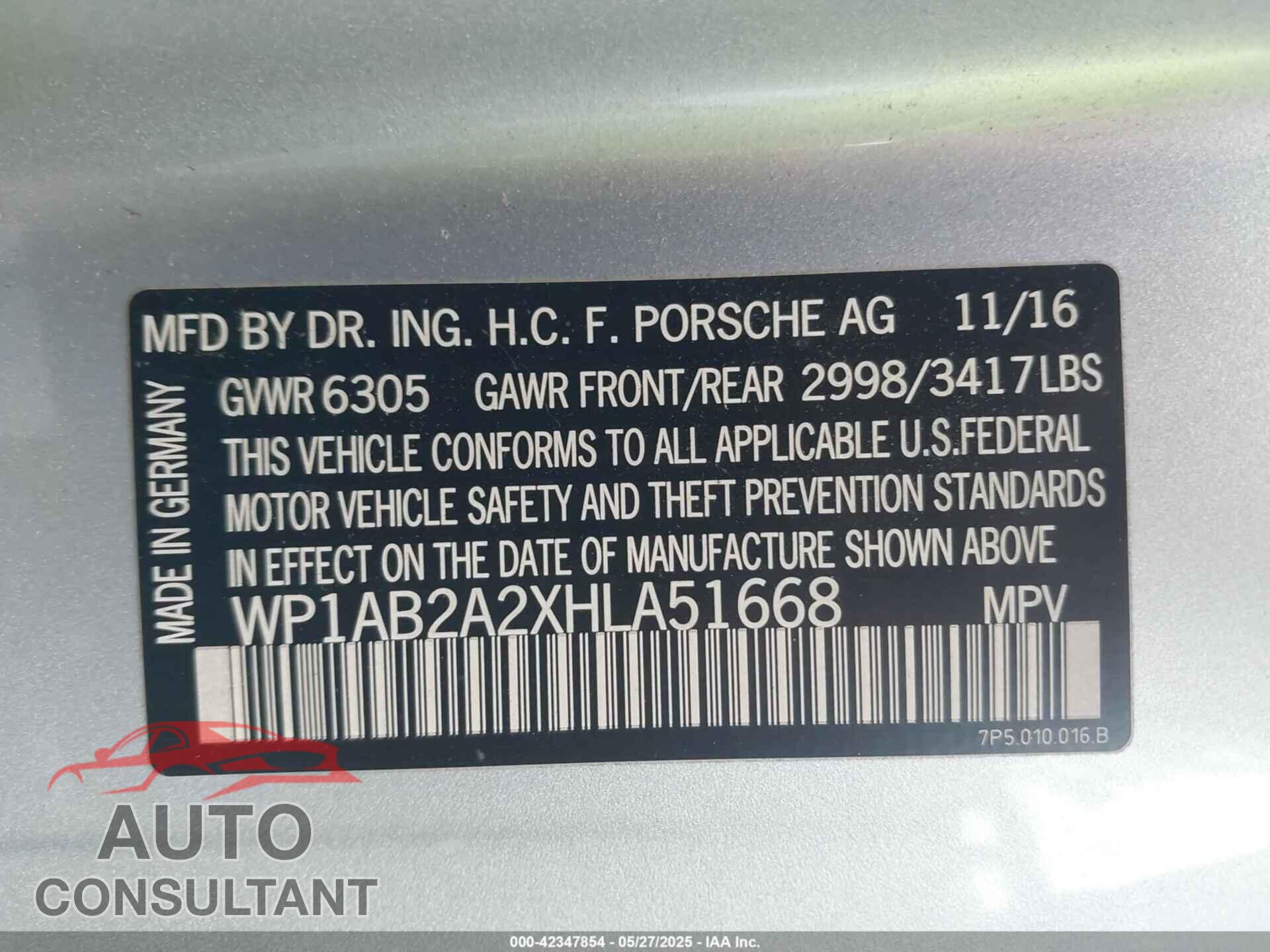 PORSCHE CAYENNE 2017 - WP1AB2A2XHLA51668