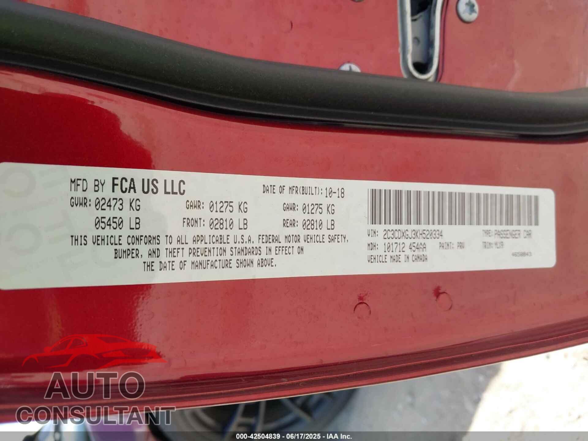 DODGE CHARGER 2019 - 2C3CDXGJ3KH520334