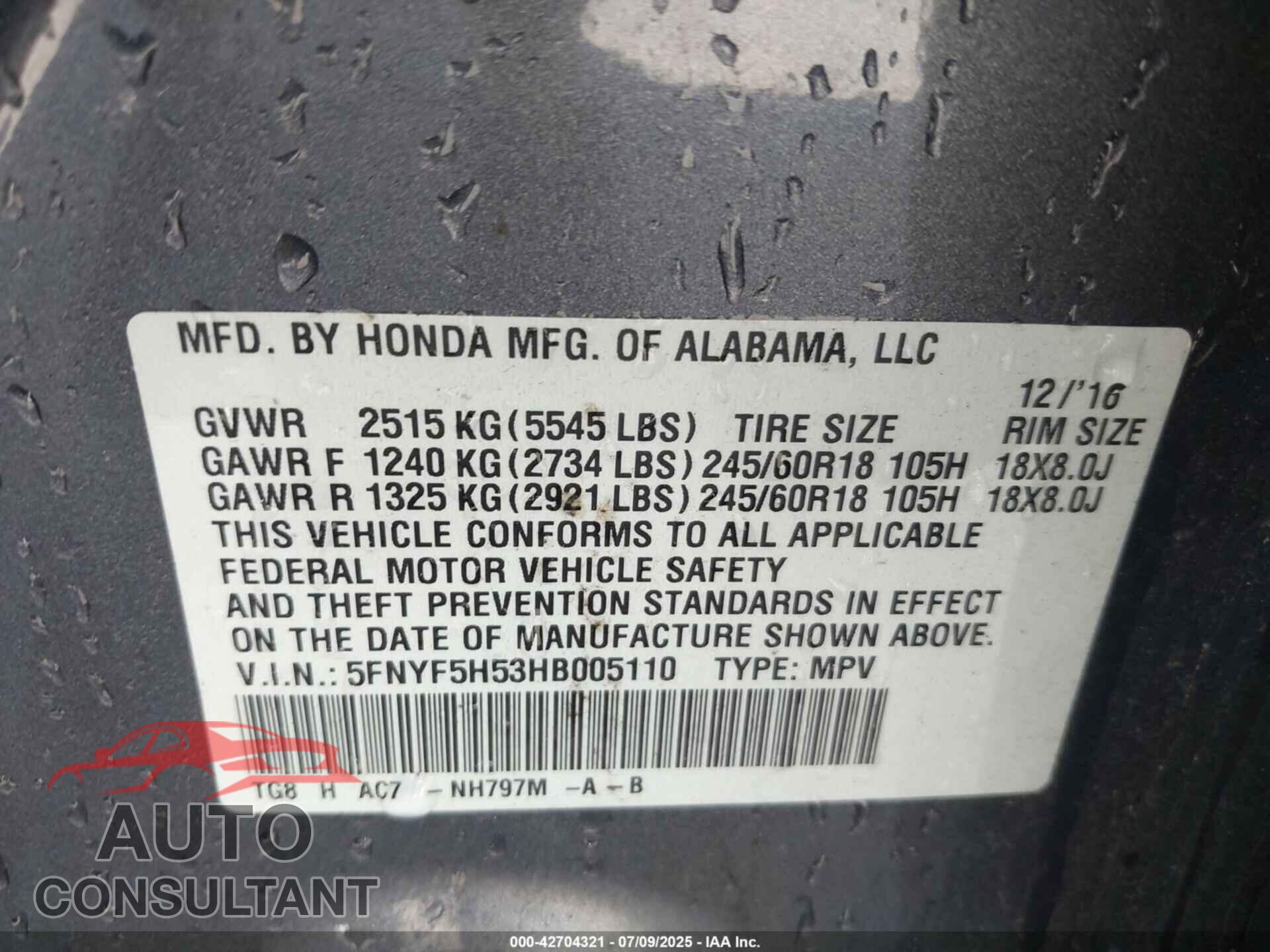 HONDA PILOT 2017 - 5FNYF5H53HB005110