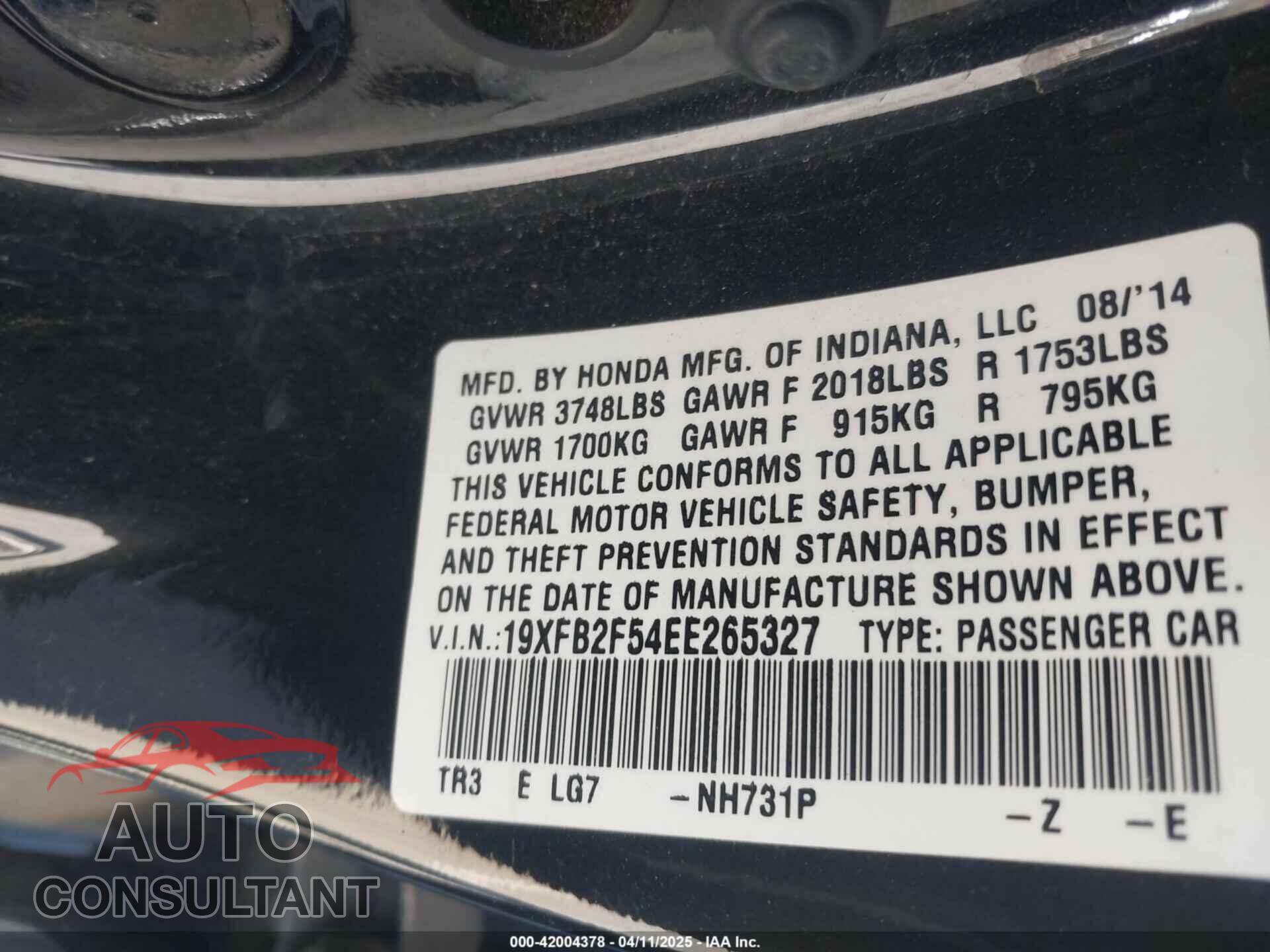 HONDA CIVIC 2014 - 19XFB2F54EE265327