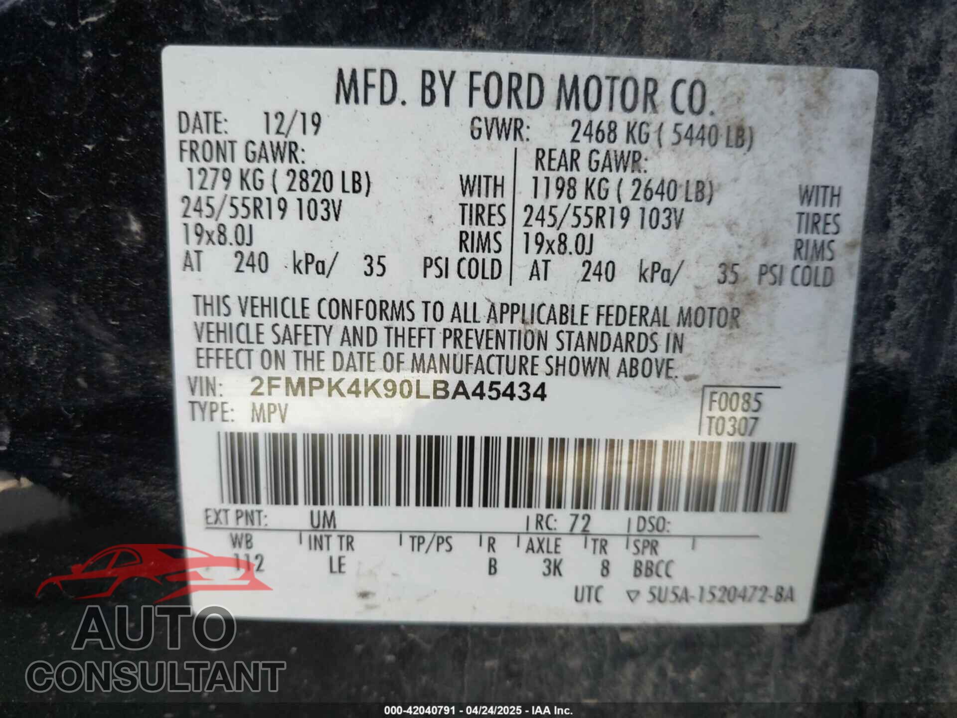 FORD EDGE 2020 - 2FMPK4K90LBA45434