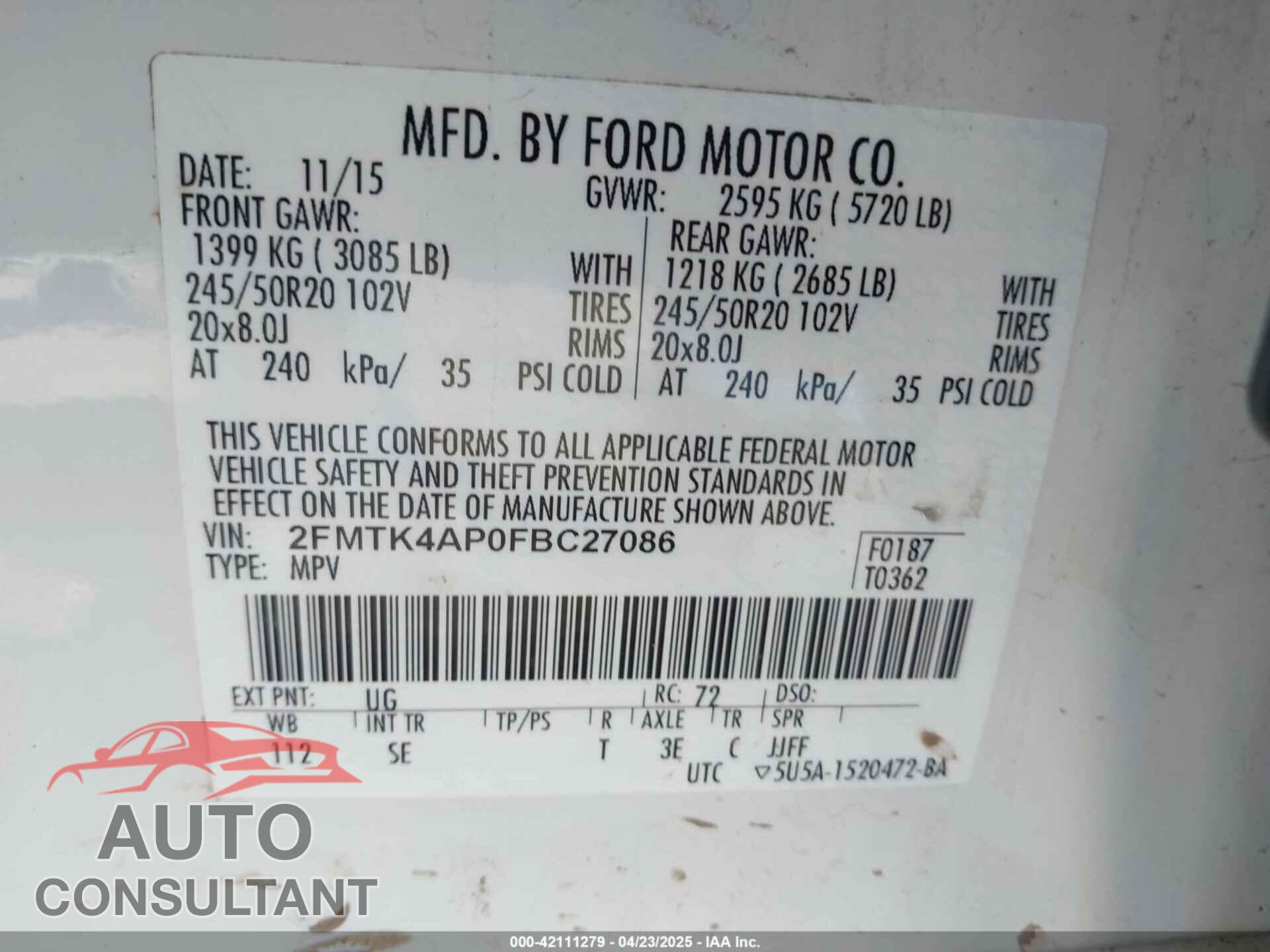FORD EDGE 2015 - 2FMTK4AP0FBC27086
