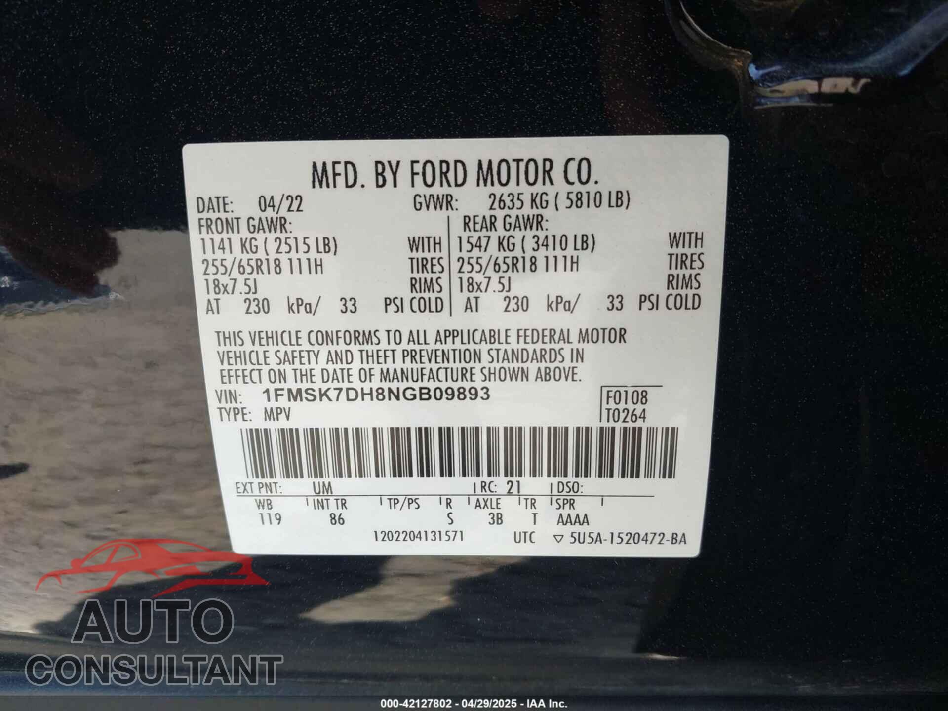 FORD EXPLORER 2022 - 1FMSK7DH8NGB09893