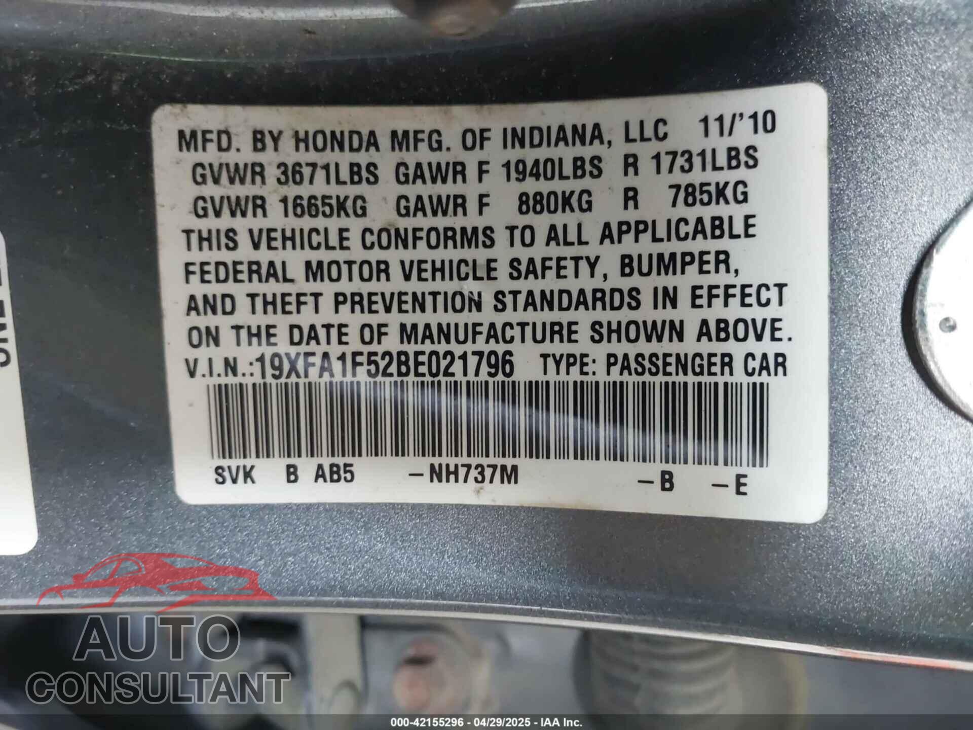HONDA CIVIC 2011 - 19XFA1F52BE021796
