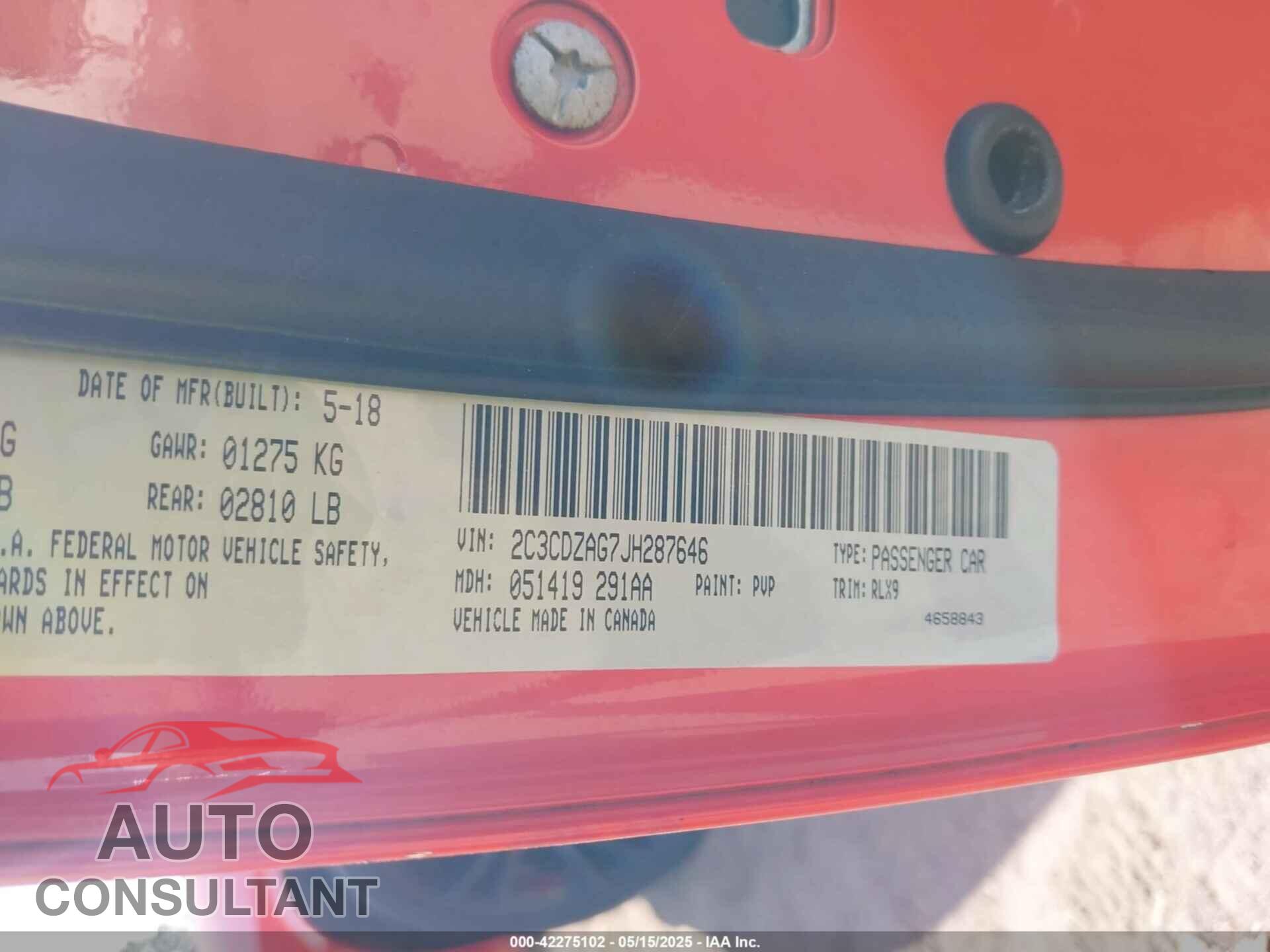 DODGE CHALLENGER 2018 - 2C3CDZAG7JH287646
