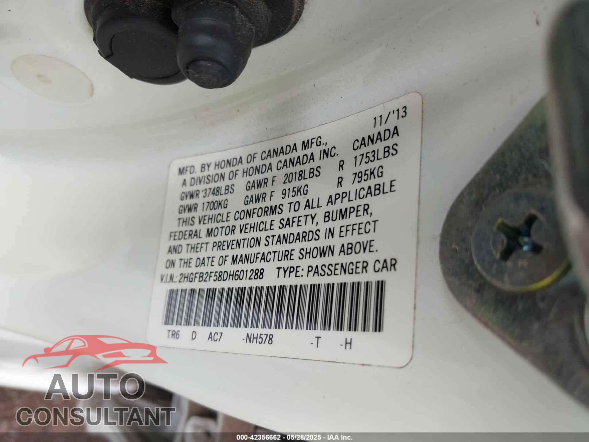 HONDA CIVIC 2013 - 2HGFB2F58DH601288