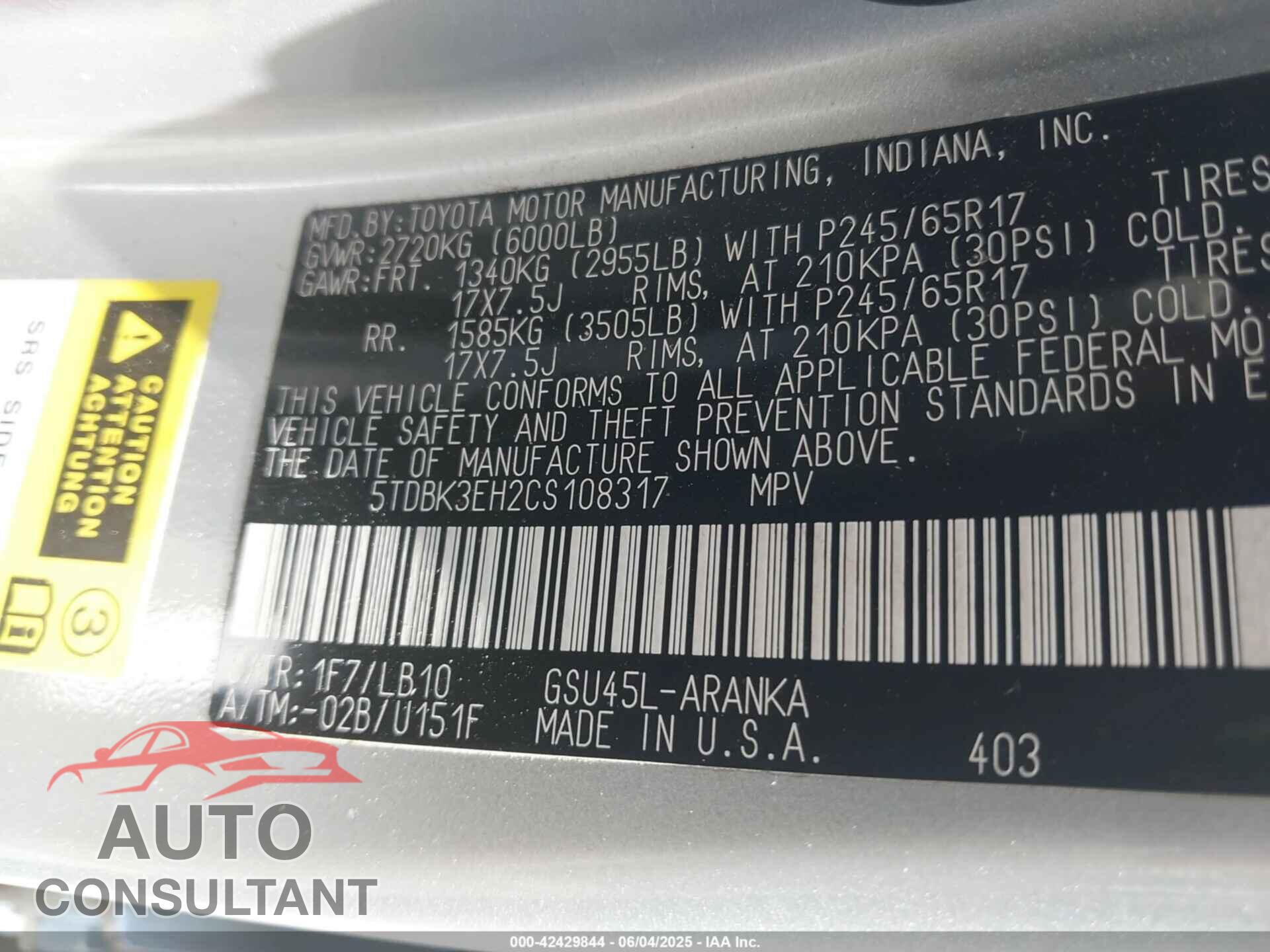 TOYOTA HIGHLANDER 2012 - 5TDBK3EH2CS108317