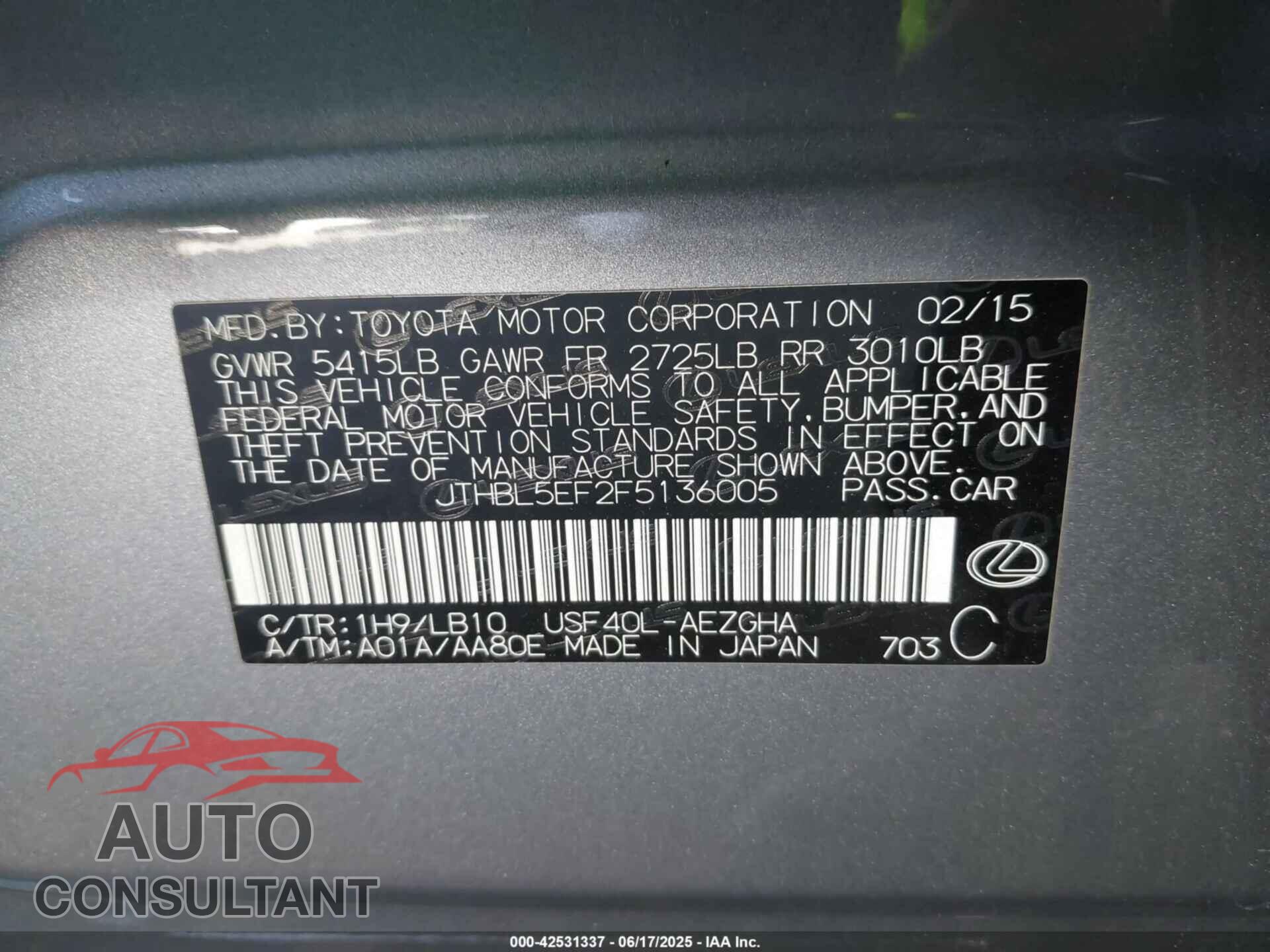 LEXUS LS 460 2015 - JTHBL5EF2F5136005